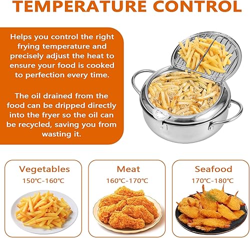 Miniatura 3 de Olla de 8.2 pulgadas de profundidad con cesta coladora y termómetro, olla profunda de acero inoxidable con asa, mini freidora de aceite estilo