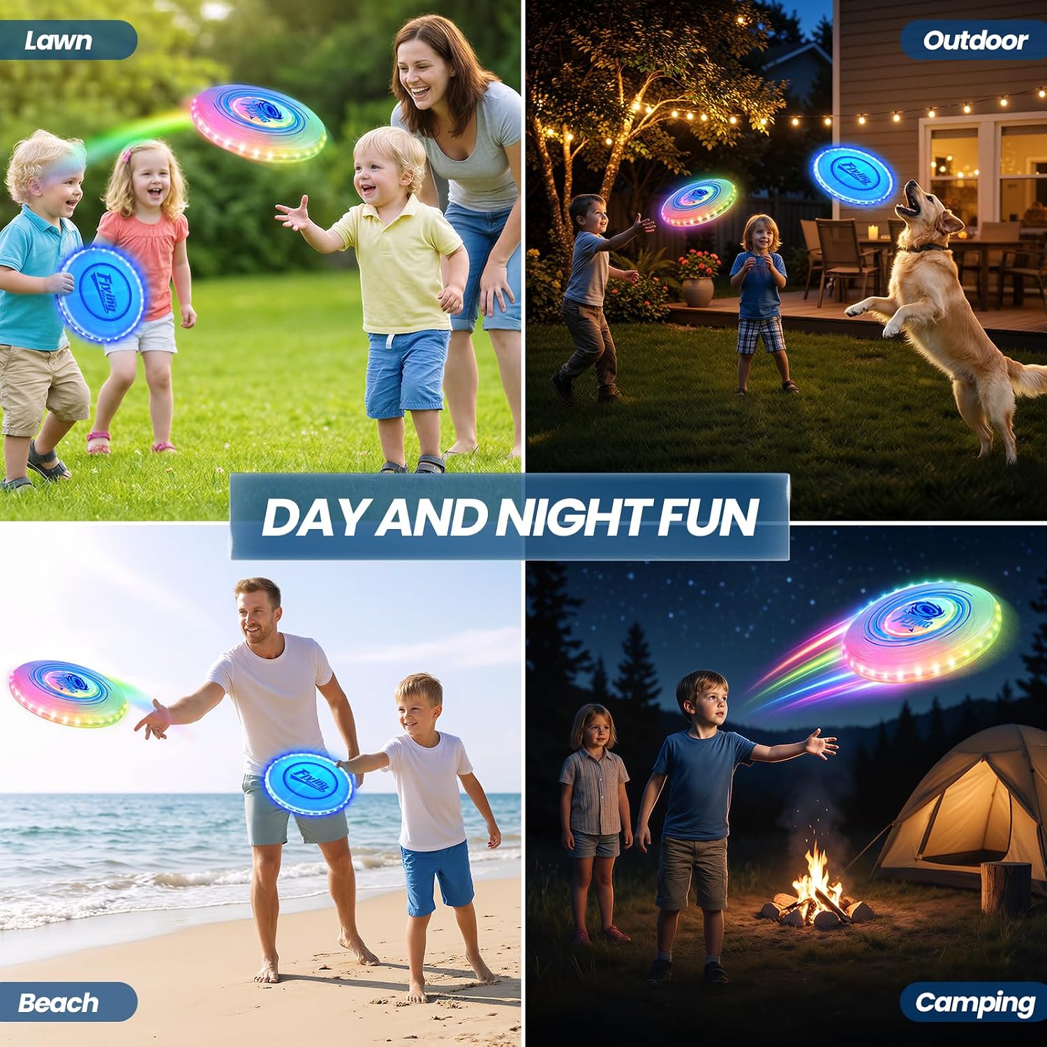 Wee Wonders 2 Pack Light Up Flying Discs for Kids Adults, 10" Rechargeable Disc with 45 LEDs, 14 Lighting Modes & 7.8" Built-in Battery Disc, Glow in The Dark Flying Ring for Beach Camping Sport Game