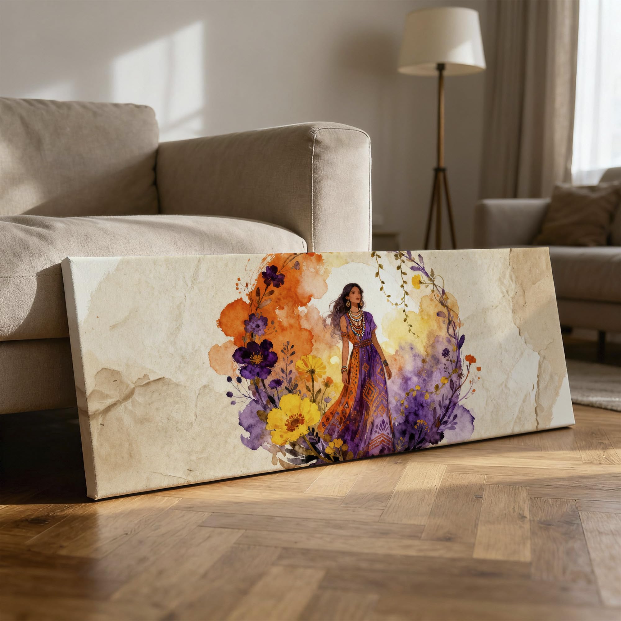 SoulAbiti Boho Muse Bloom Unframed 36x14 inches Rolled Canvas Wall Contemporary Art UV Print Painting for Living Room, Bedroom & Office Decor Premium Gloss Vivid Fade-Resistant Print 1
