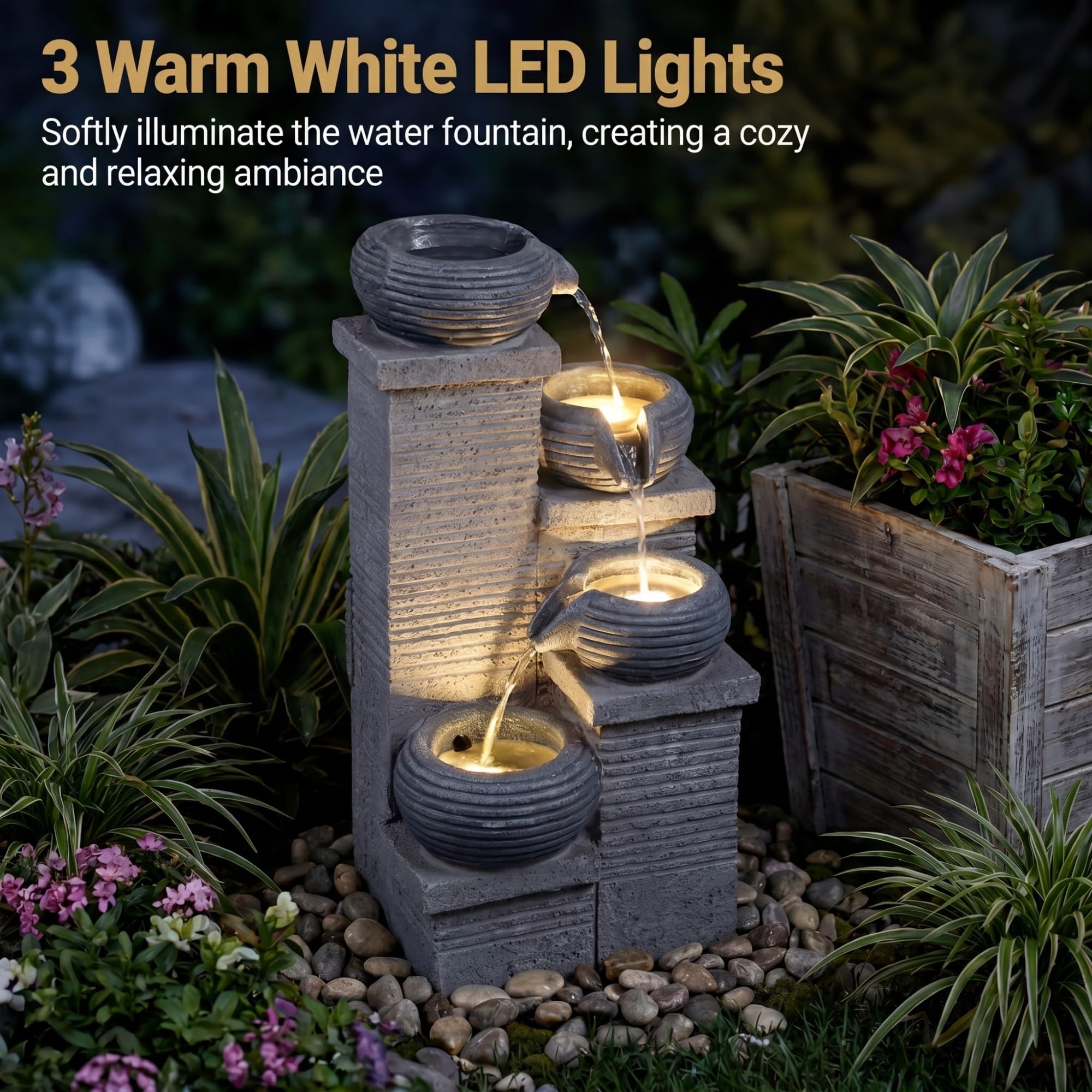HOMASIS Fontaine de Jardin, Fontaine d'eau Extérieure 4 Niveaux avec Lumières LED, Pompe à Eau, Débit Réglable, Résine et Fibre de Verre, Cascade Décoration pour Patio Balcon, 27 x 24 x 58 cm