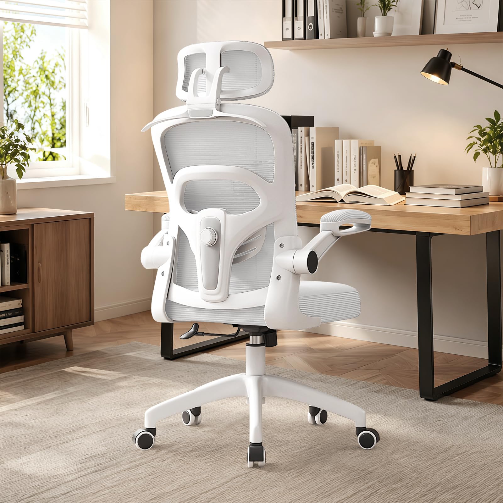 WXJHL Ergonomic Office Chair, Height Adjustable Desk Chair – Swivel Chairs with Foldable Armrests, Breathable Mesh, Adjustable Headrest and Lumbar Support – for Home Office, White