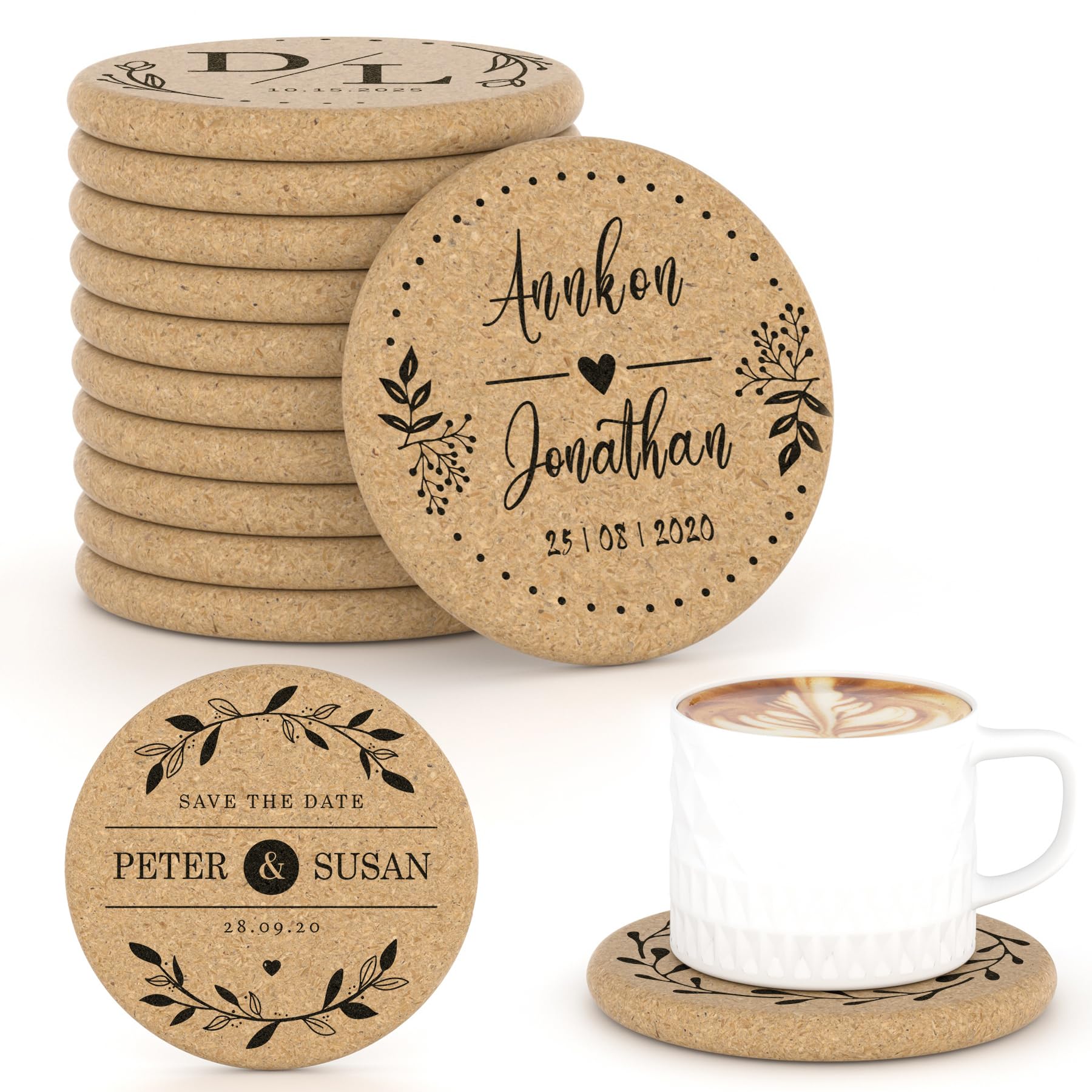Shueewago Round（Thickened Version） 30-100 Pack Personalised Cork Coasters For Drinks, 4" Round Wedding Favours, Personalized Coasters For Guests, Personalized Coasters Bulk With Laser Engraved Image Or Logo,