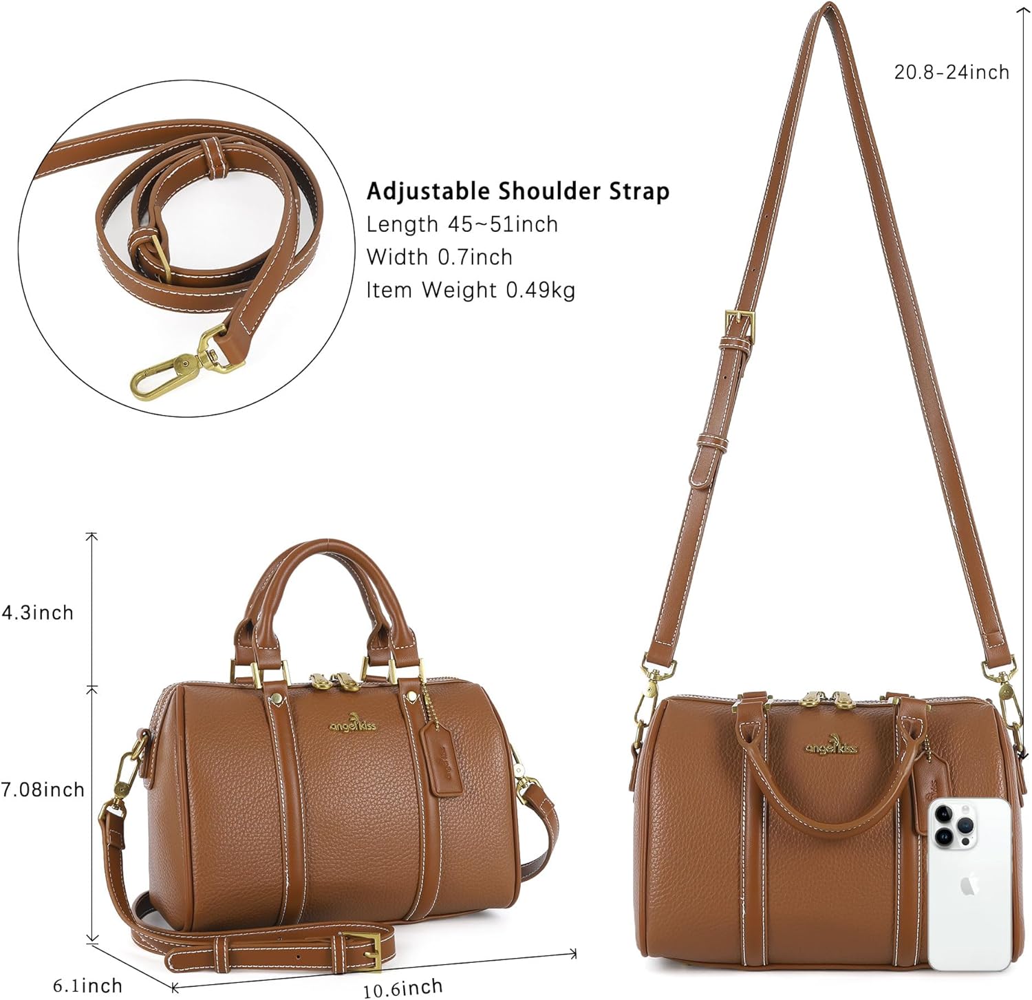 Angel Kiss Women Satchel Purses and Handbags Vegan Leather Boston Barrel Bag Top Handle Shoulder Purse with Crossbody Strap | Vegan Leather, Top Handle, Crossbody Strap - Image 4