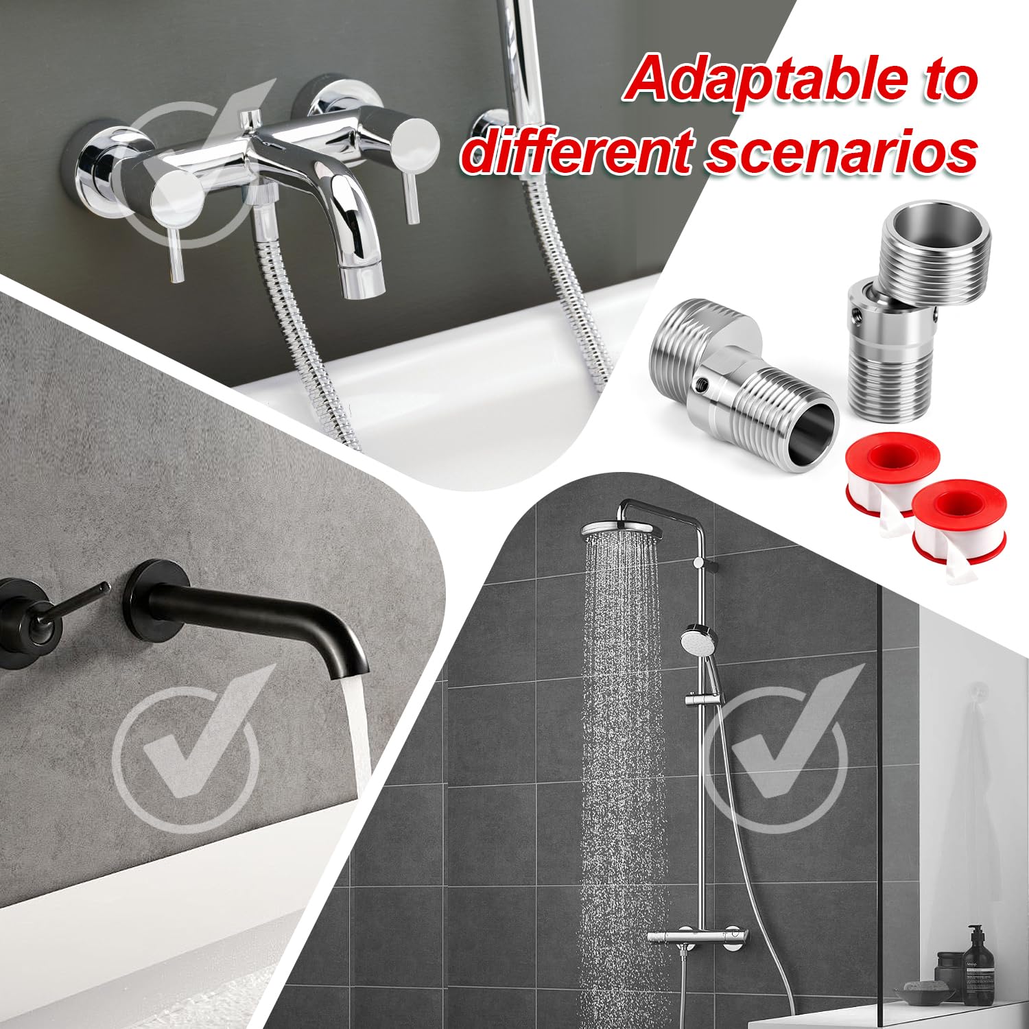 2 Piezas Adaptador Grifo Ducha en Acero Inoxidable 304,Aexcentricas Excentricas Grifo Ducha Ajustable Rotativo a 360° Adaptador de Baño Flexible en Forma S, Griferia Ducha para Baño Cocina y Lavabo — view 7