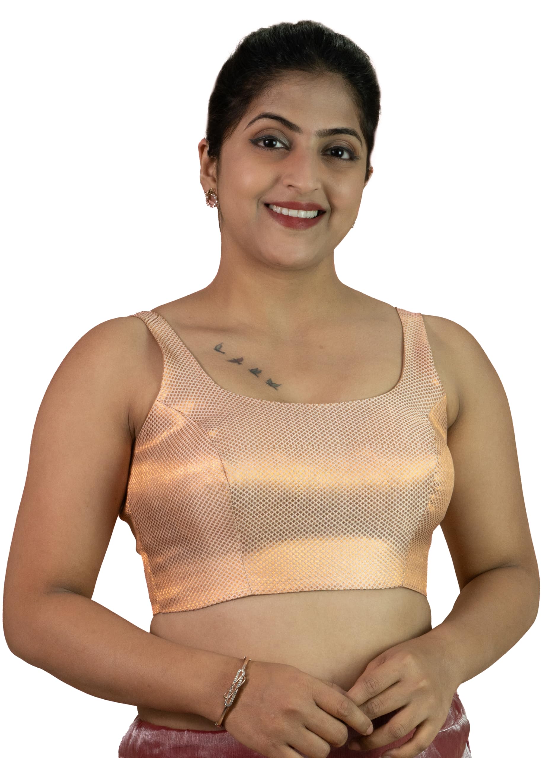 figure's designer Women's Banarasi Brocade Round Neck Sleeveless Jacquard Self Design Copper Gold Readymade Saree Blouse Ethnic Wear for Plus Size Women-picture-43