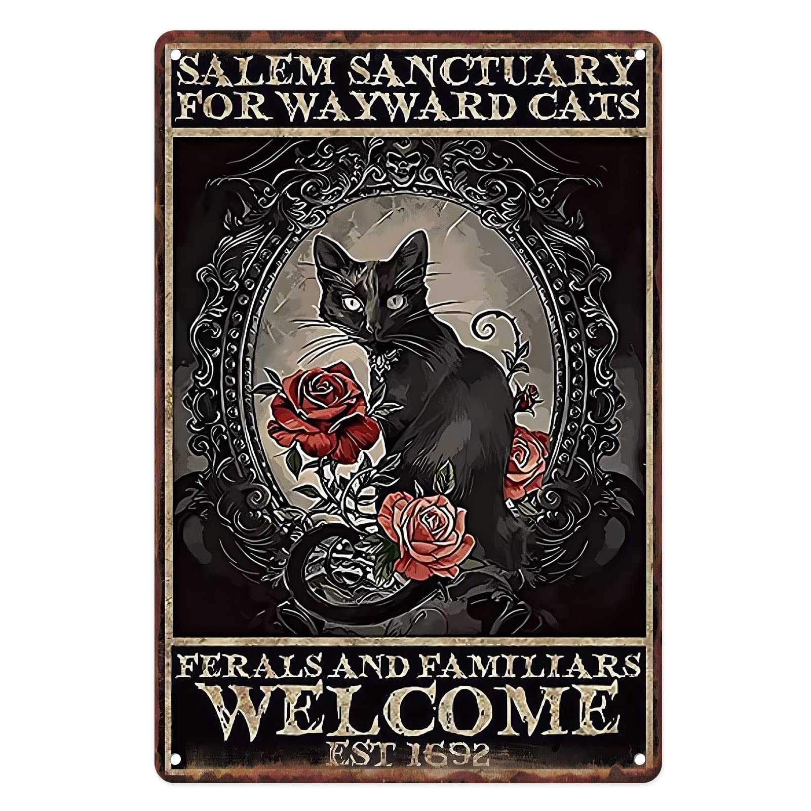 Flavas A001 Metal Tin Sign Vintage Witch Black Cat Sanctuary Wayward Salem For Salem Sanctuary Wall Decor 12X8 Inches