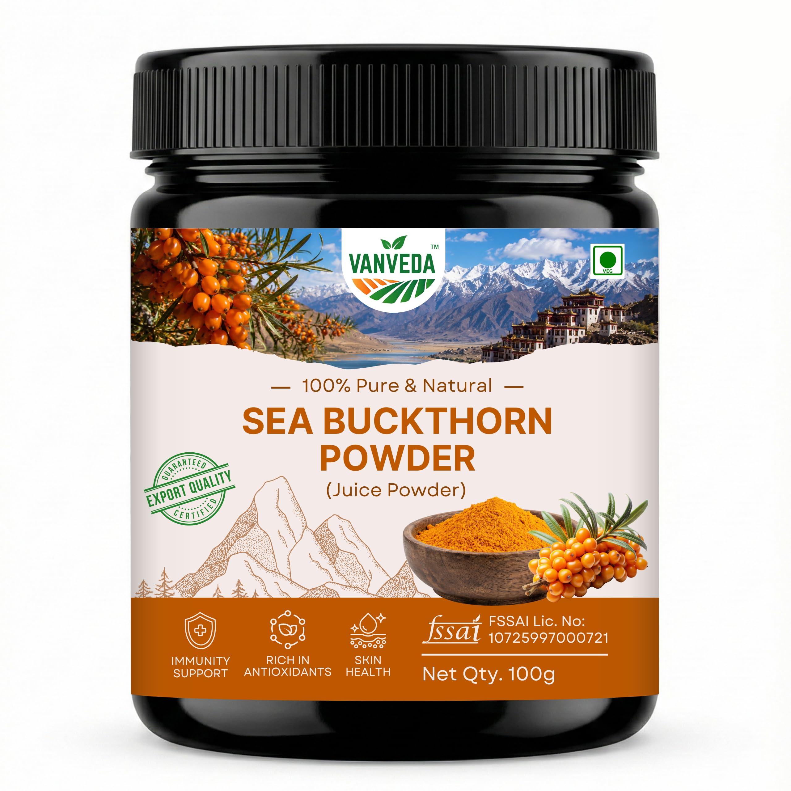 Vanveda 100% Organic Sea Buckthorn Berry Powder (100g) Rich in Omega 3, 6, 7, 9, Natural Source of Vitamin C, E & 18 Amino Acid, Strong Antioxidant for Skin Glow, Immunity, Gut & Heart Health-image-33