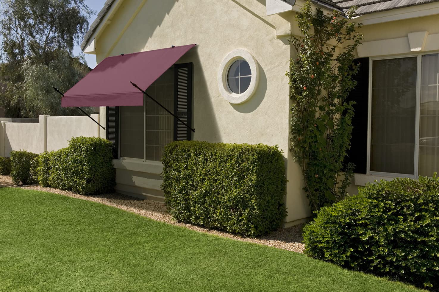Retractable Window Awning in Spear Support Style with Straight Edge Valance - 6' Wide in Burgundy Wine
