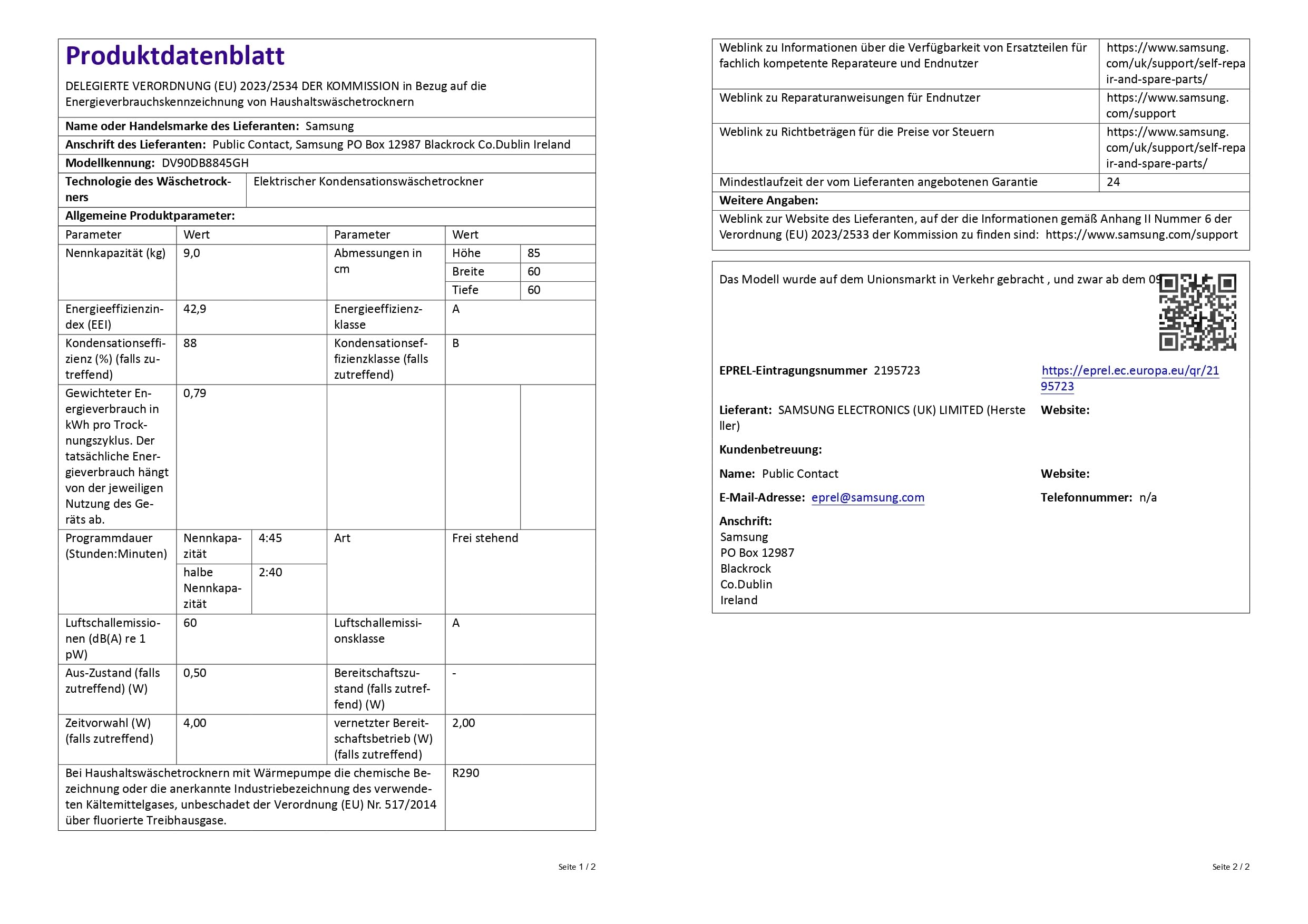 Samsung DV90DB8845GHU2 Wärmepumpentrockner DV8400D, 9 kg, EEK: A, AI Wäschetrockner mit Klartext-Display, AI Dry+, QuickDrive, SuperSpeed, Super Leise Programm, SmartThings-App, Weiß