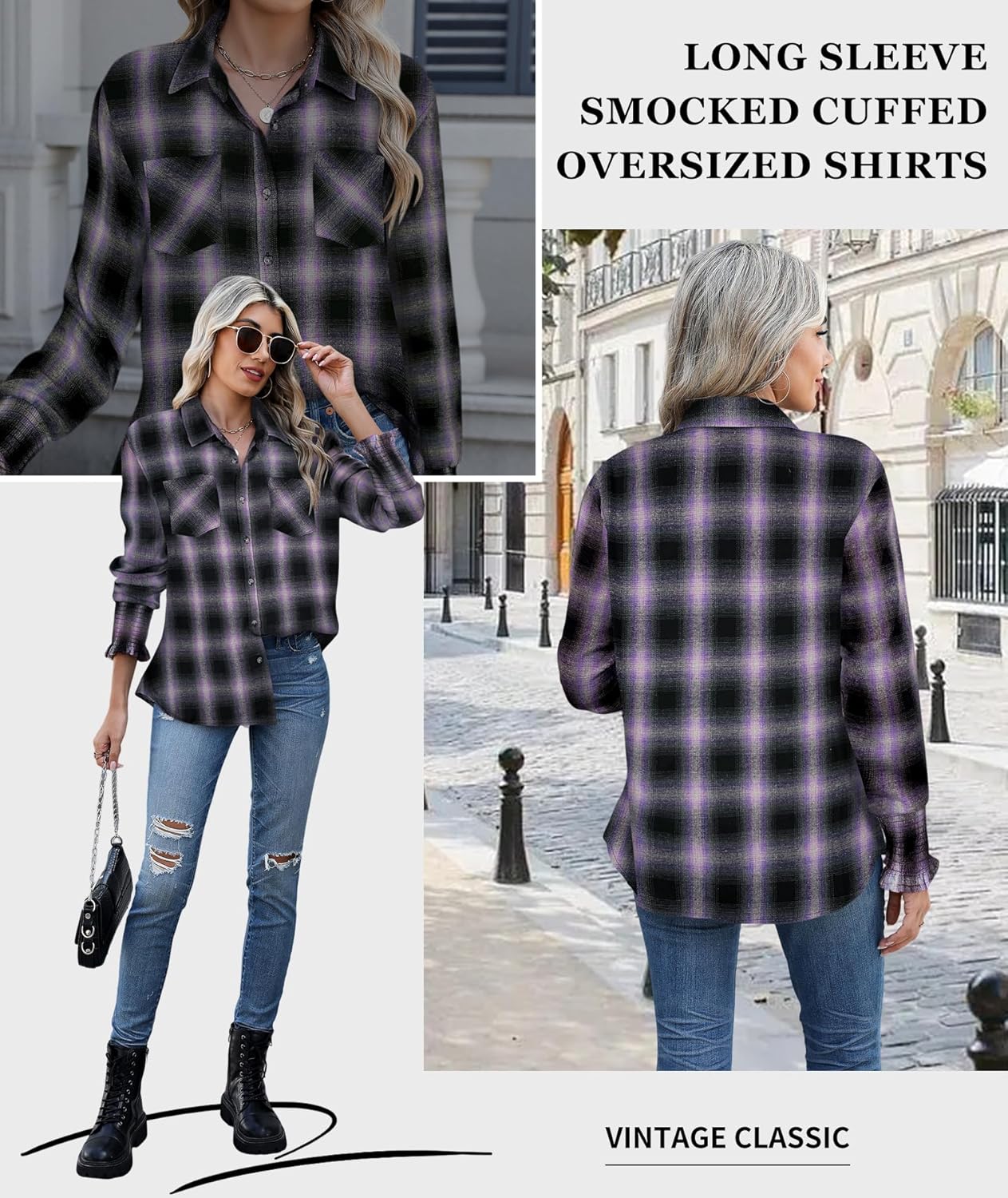 Deer Lady Womens Smocked Cuffed Long Sleeve Plaid Flannel Shirts Casual Button Down Shirt Buffalo Boyfriend Blouse Top - Image 3