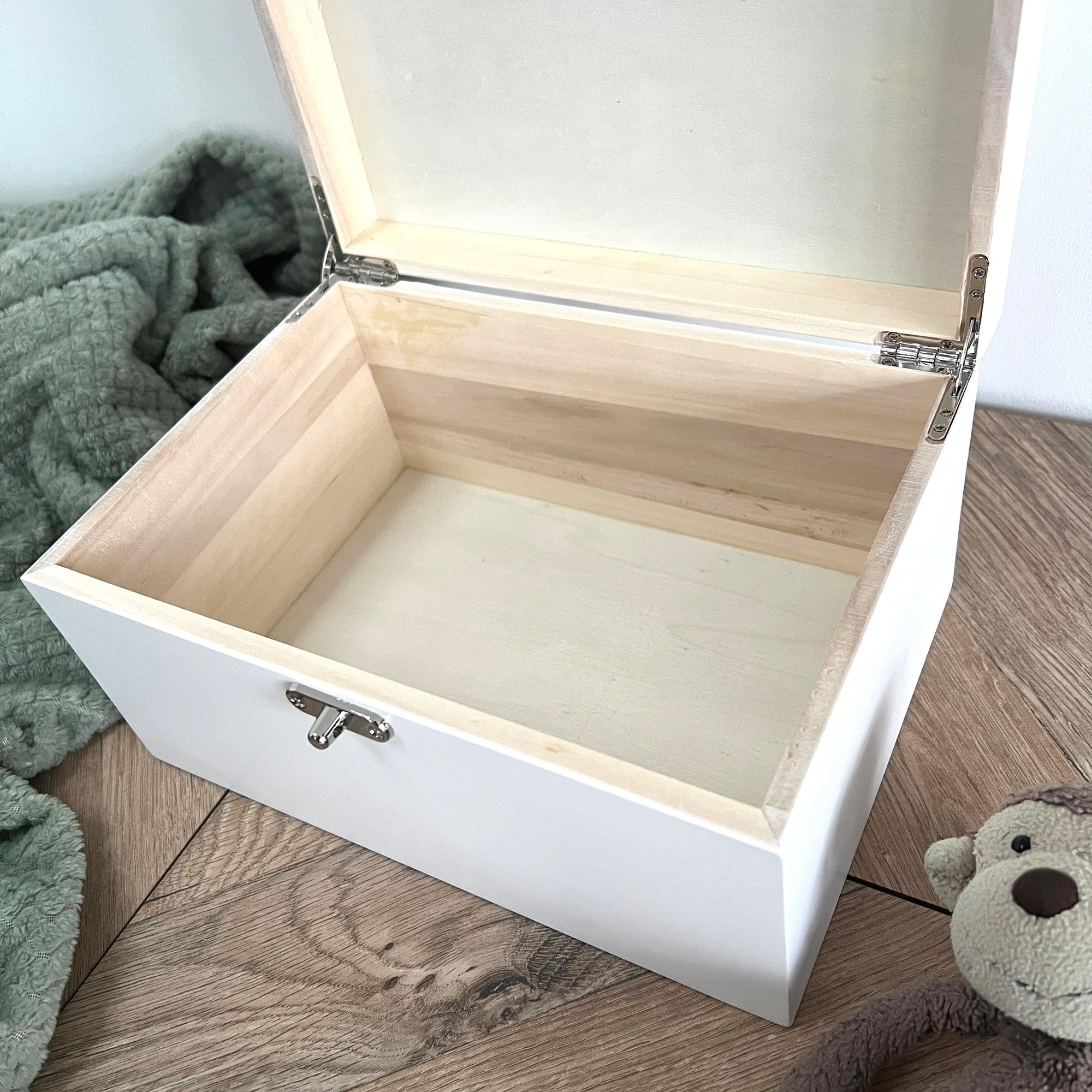 Caja de recuerdos personalizada de madera blanca con animales de la selva | Baby Shower, nuevo bebé | 27 x 19 x 14 cm