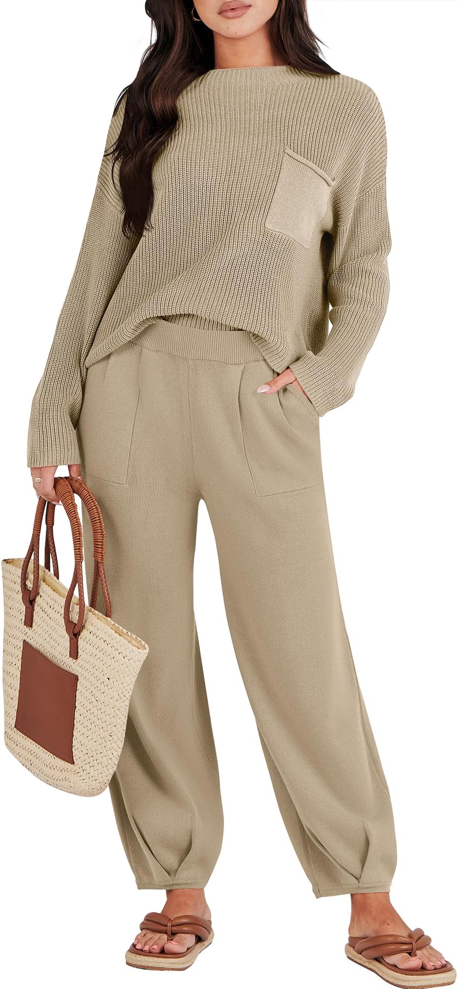Caracilia Womens 2 Piece Outfits Sweater Sets Long Sleeve Knit Tops and Loose Pants Classy Matching Tracksuit Lounge Sets
