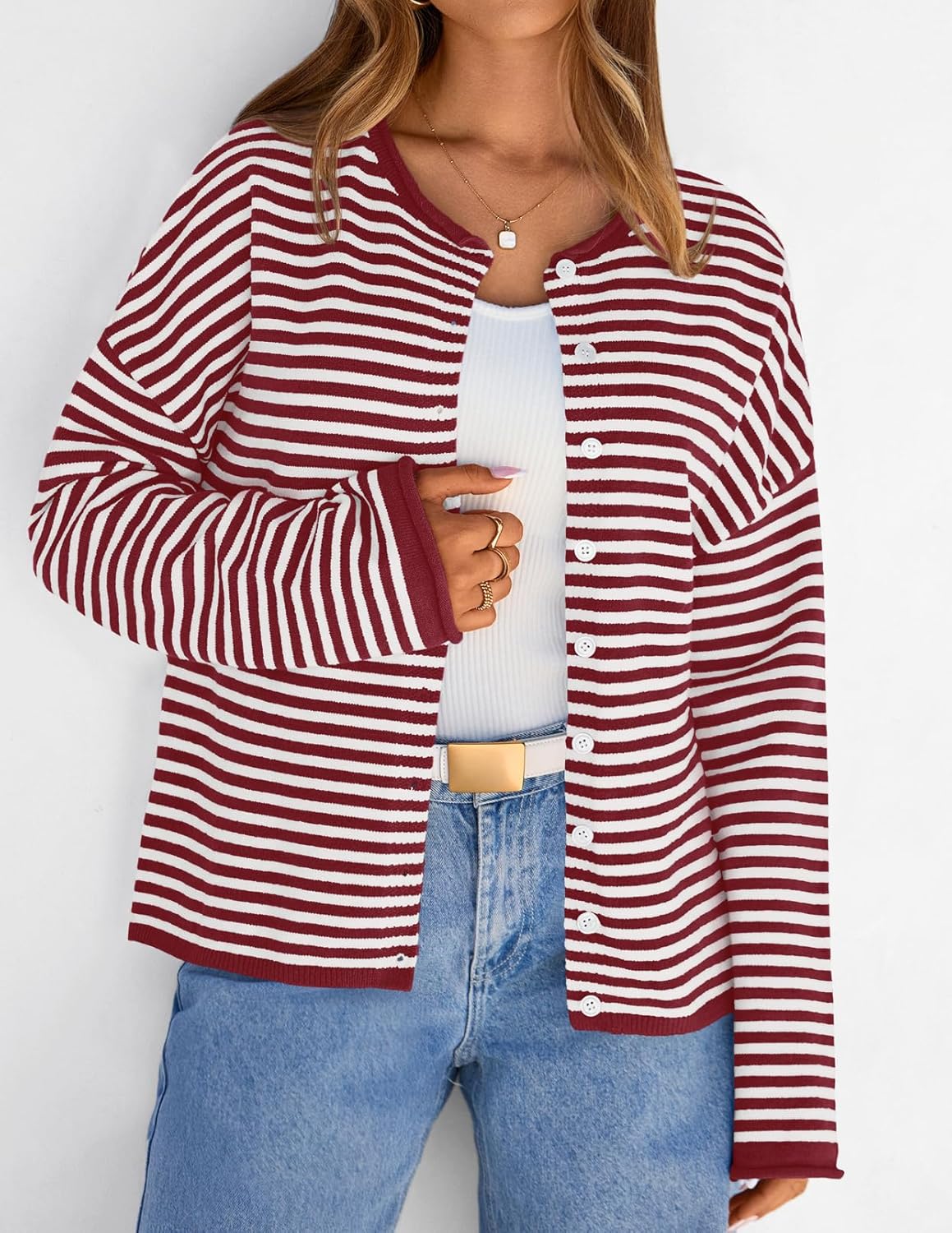 MEROKEETY Womens Striped Cardigan Sweaters 2026 Button Lightweight Long Sleeve Loose Knit Fall Sweater Clothes - Image 9