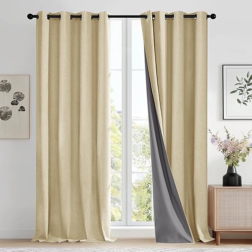 Deconovo - Cortinas opacas de lino sintético con revestimiento de 3 pasos, cortina térmica aislante con ojales para dormitorio, 2 paneles, Poliéster Deconovo - Cortinas opacas de lino sintético con revestimiento de 3 pasos, cortina térmica aislante con ojales para dormitorio, 2 paneles, Poliéster