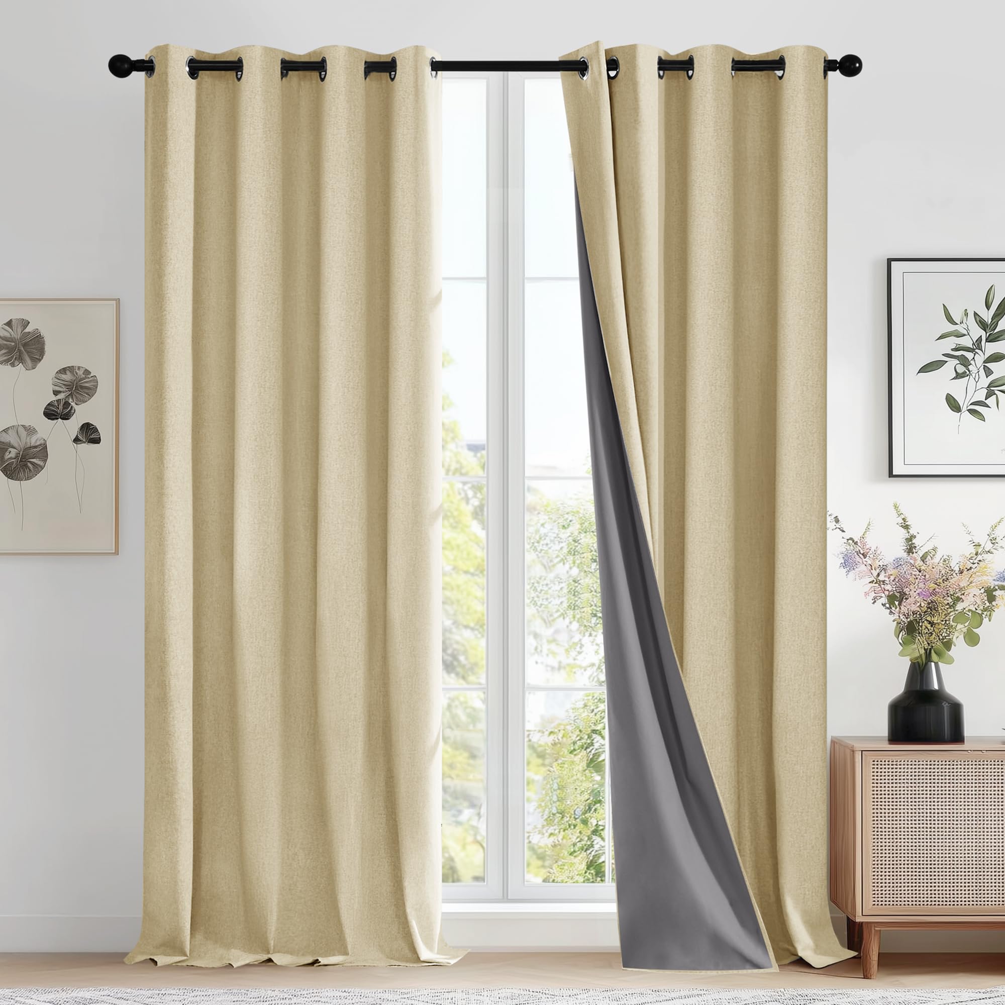 Deconovo Soft Full Blackout Curtains with Coating Back Layer, Faux Linen Eyelet Window Drapes Thermal Curtains for Kids Bedroom, Beige Linen, W46 x L72 Inch 2 Panels โ image 1
