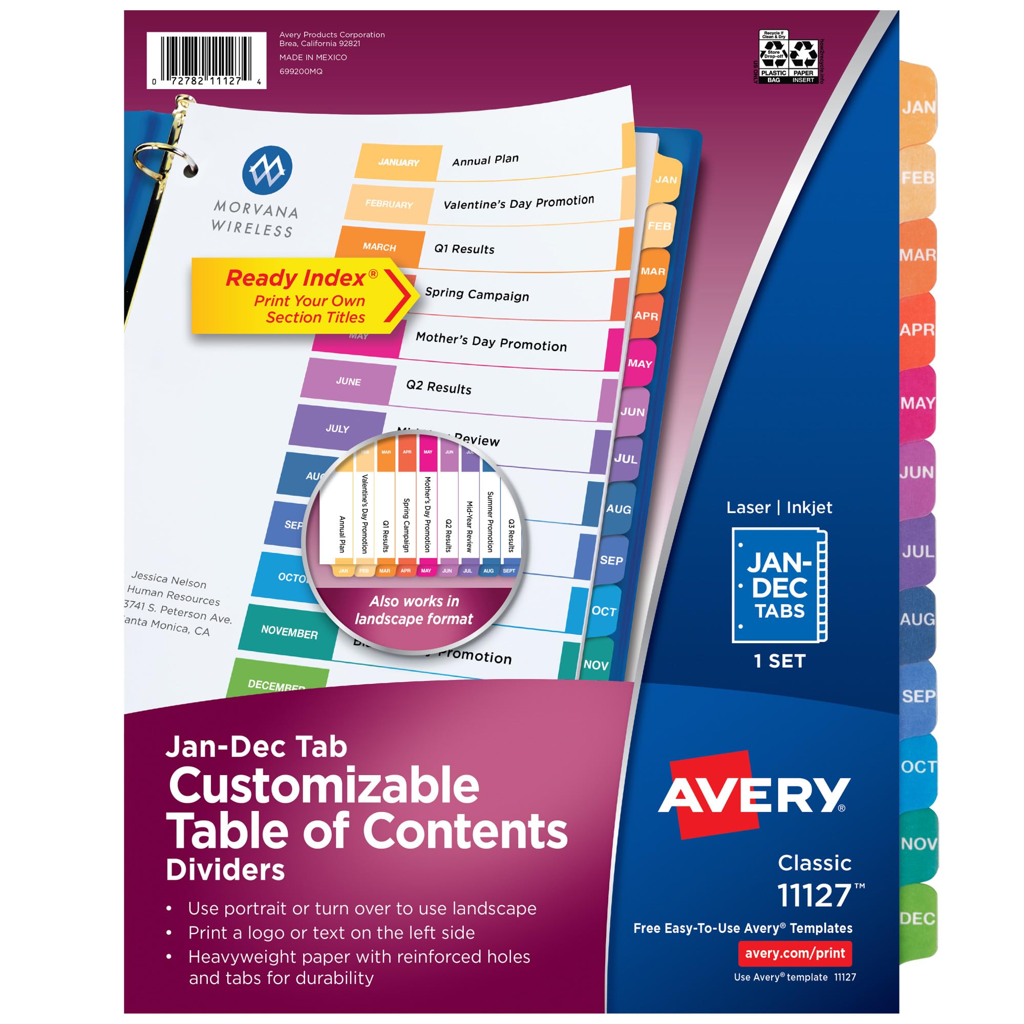 Avery Jan-Dec Tab Dividers for 3 Ring Binders, Customizable Table of Contents, Multicolor Tabs, 1 Set (11127)