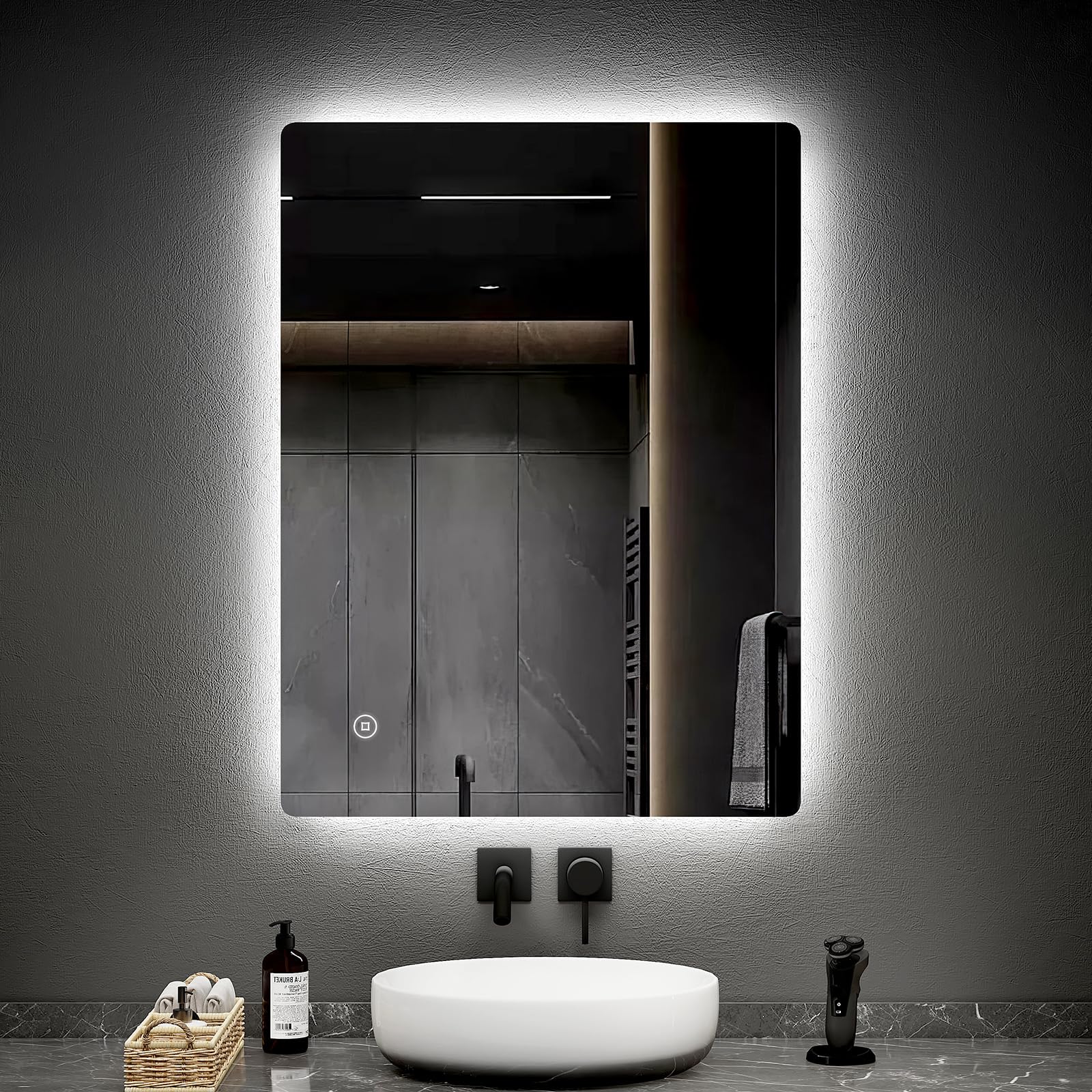 EMKE Backlit Illuminated Bathroom Mirror with Lights 500x700mm, Wall Mounted Multifunction LED Bathroom Vanity Mirror with LED Lights and Demister Pad