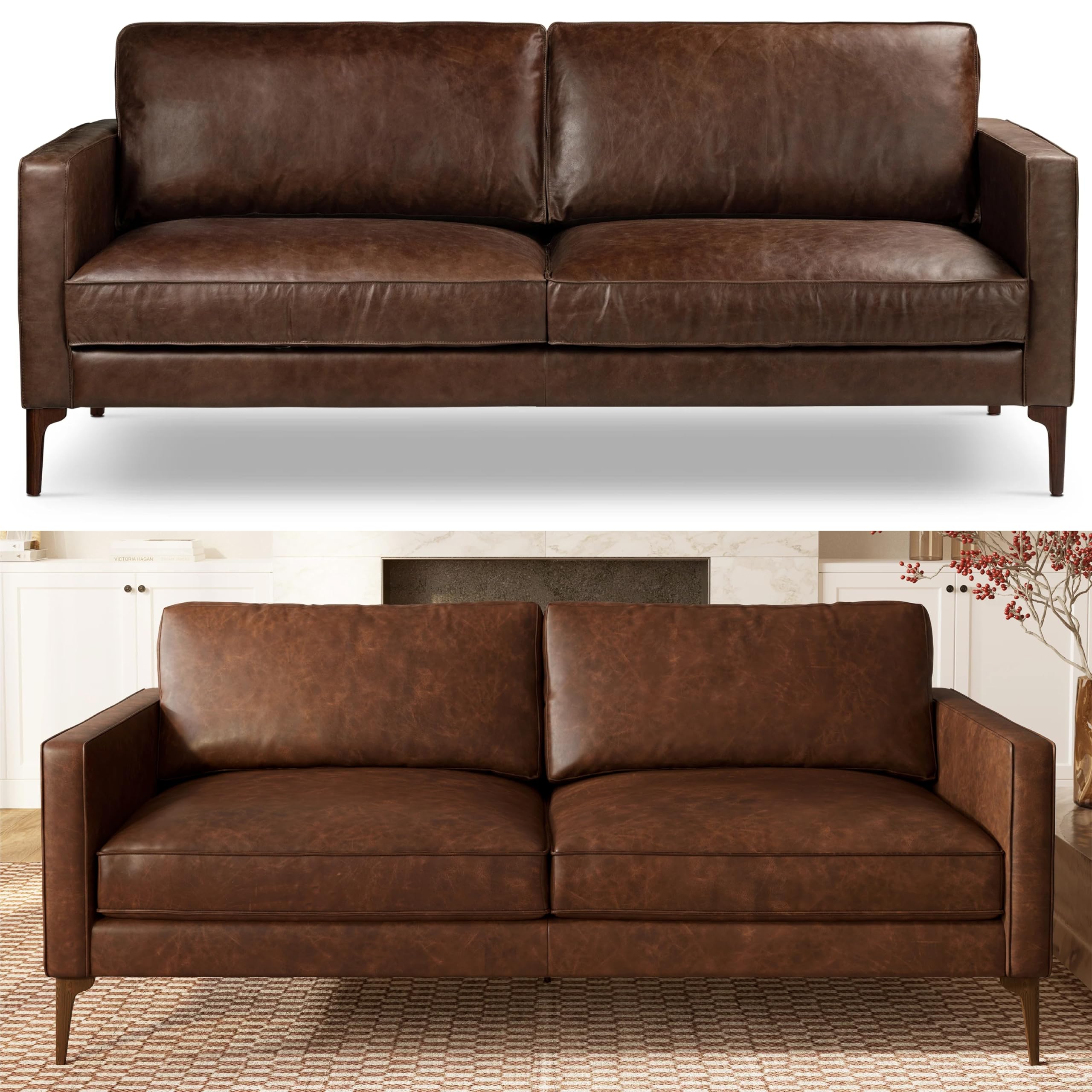 Poly & Bark Mateo 82” Sofa – Chocolate Brown Full-Grain Pure-Aniline Italian Leather, Feather-Down Cushions, Solid Wood Frame & Walnut Legs