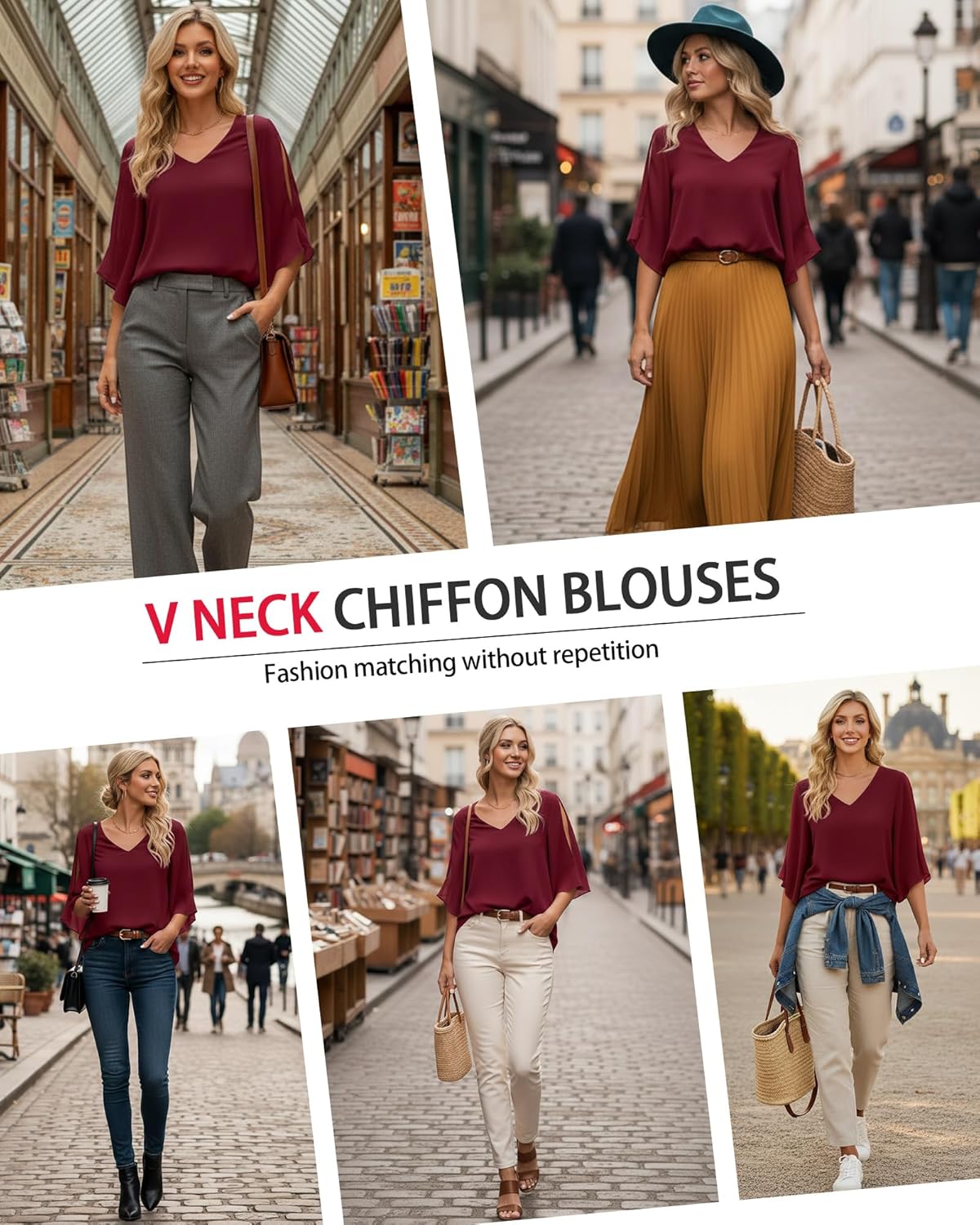 Bebonnie Womens Ruffle 3/4 Sleeve V Neck Double Layers Chiffon Blouses Dressy Tops Wine XL - Image 5