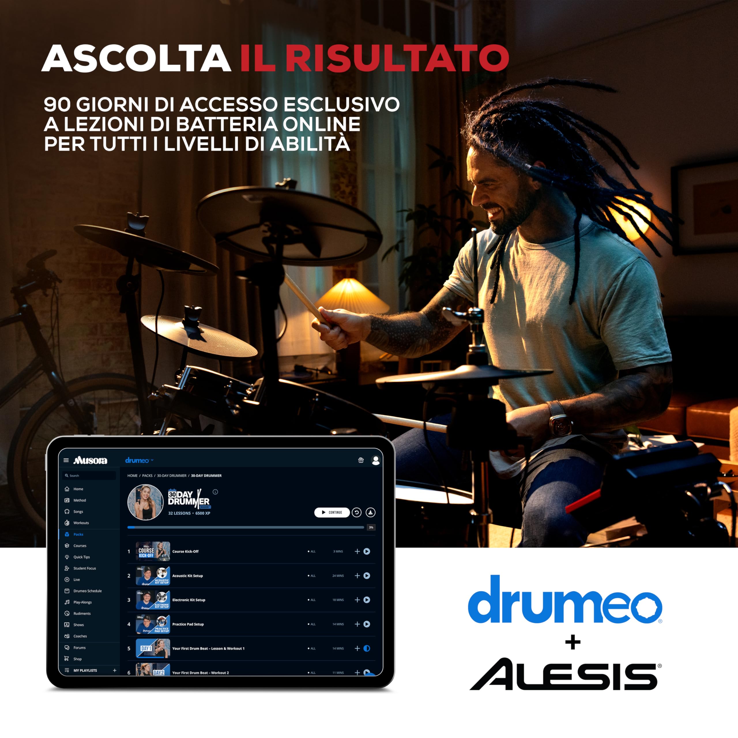 Alesis Nitro Ultimate Batteria Elettronica | Rullante 10" e Tom 8" Dual-Zone, Hi-Hat Mobile 10", 640+ Suoni BFD, Bluetooth, Drumeo, MIDI, Compatible con Doppio Pedale