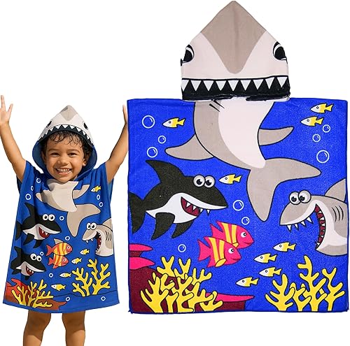 Innerest Toalla de playa para niños, poncho para niños pequeños, toalla con capucha para playa y piscina (tiburón 2)