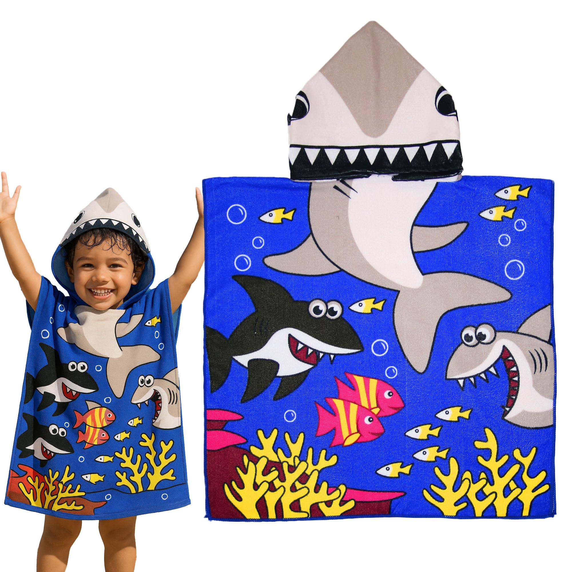 Innerest Kids Beach Towel Poncho for Toddlers - Hooded Towel for Beach Pool (Shark 2)