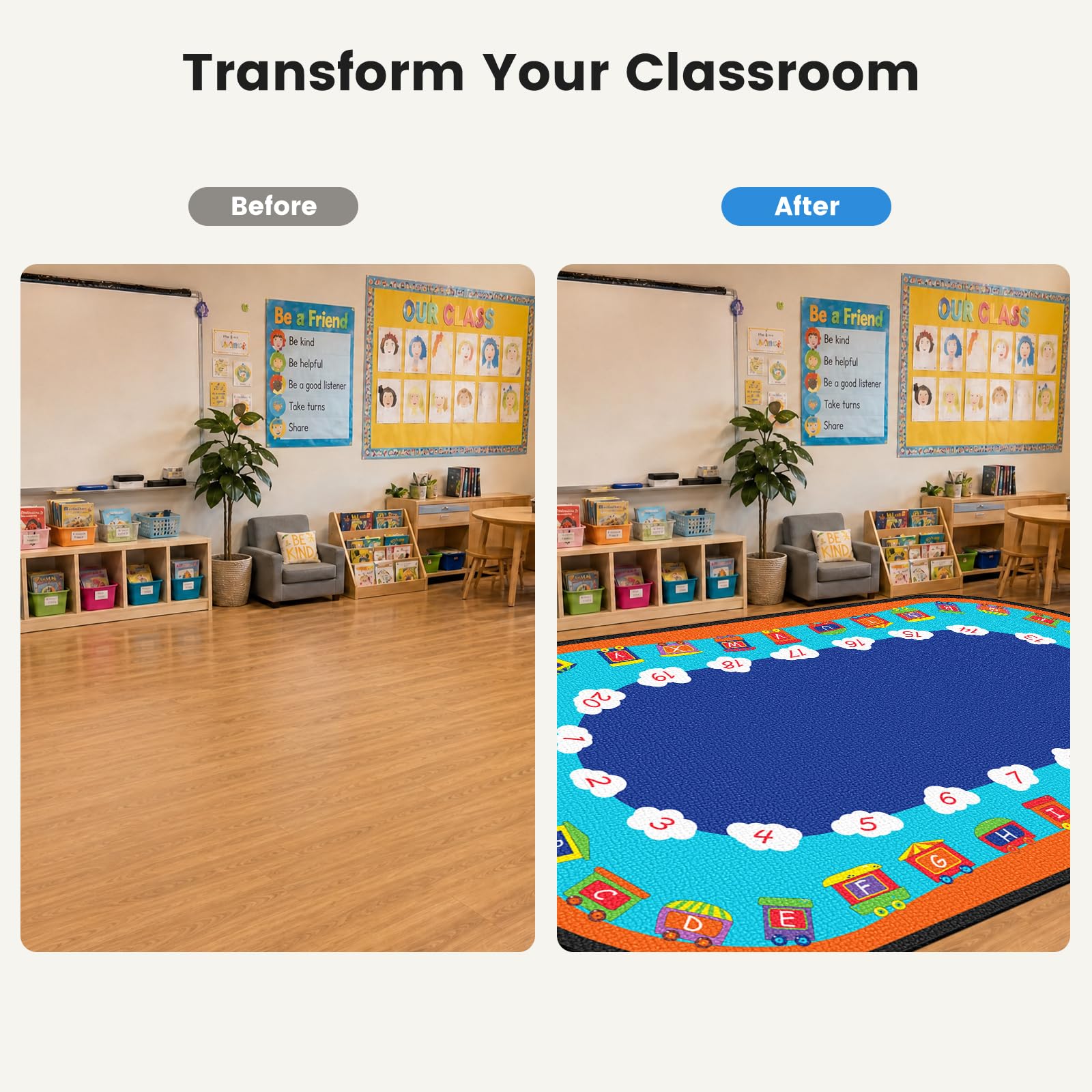 Ovaler Klassenzimmerteppich, 1,8 m x 2,4 m, pädagogischer Teppich für Kreiszeit, Alphabet und Zahlen, waschbar, schmutzabweisend, rutschfeste Unterseite für Kindergarten