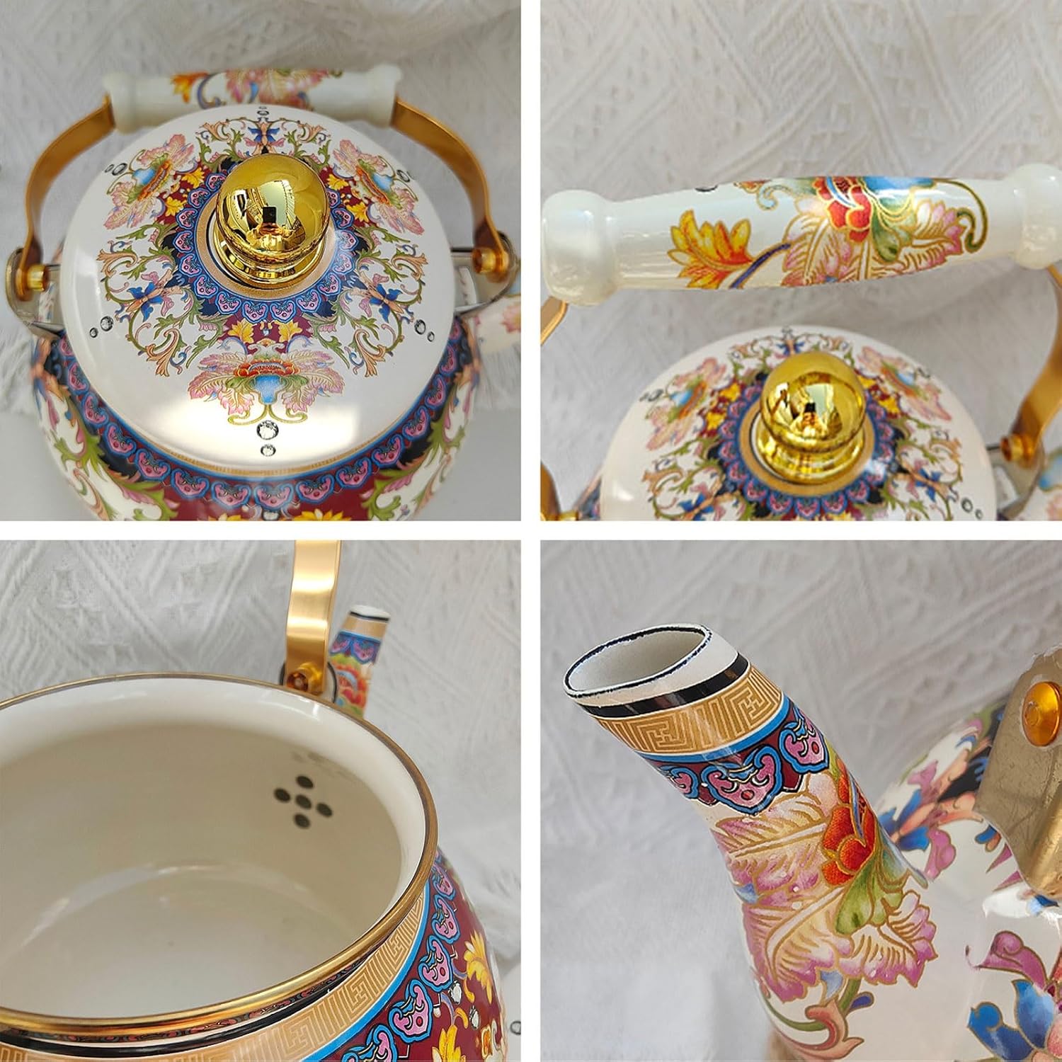 Enamel Teapot Stove Top Cute, 2.6 QT Vintage Floral Tea Kettle Stovetop with Heat-Resistant Ergonomic Ceramic Handle Suitable for All Heat Sources