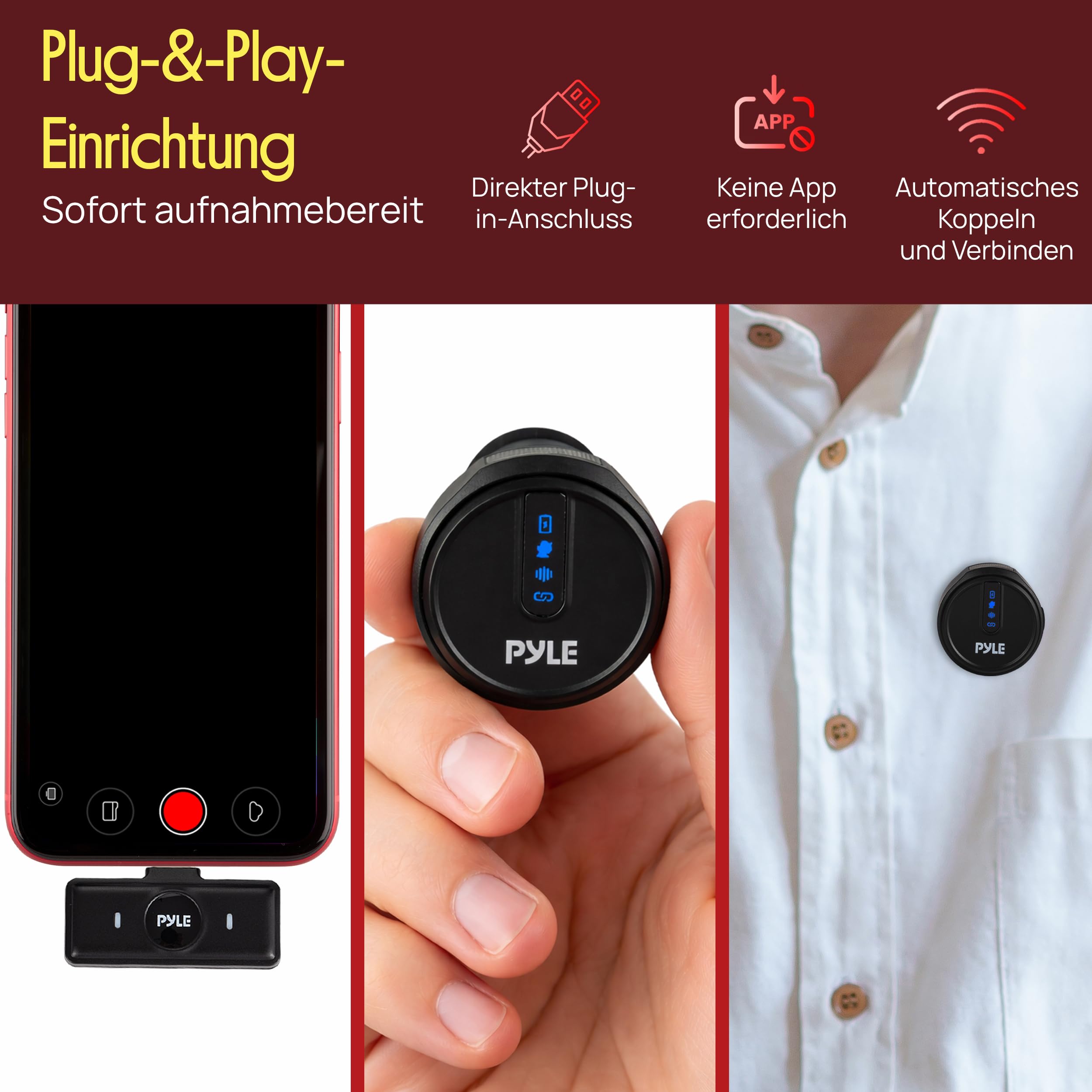 Pyle Kabelloses Lavalier Mikrofon 2er Set für iPhone, iOS & Android–2,4 GHz Ansteckmikrofon mit Geräuschunterdrückung, 360° Audioaufnahme, Magnetclip, Ladecase für Vlogging, Interviews & Livestreaming