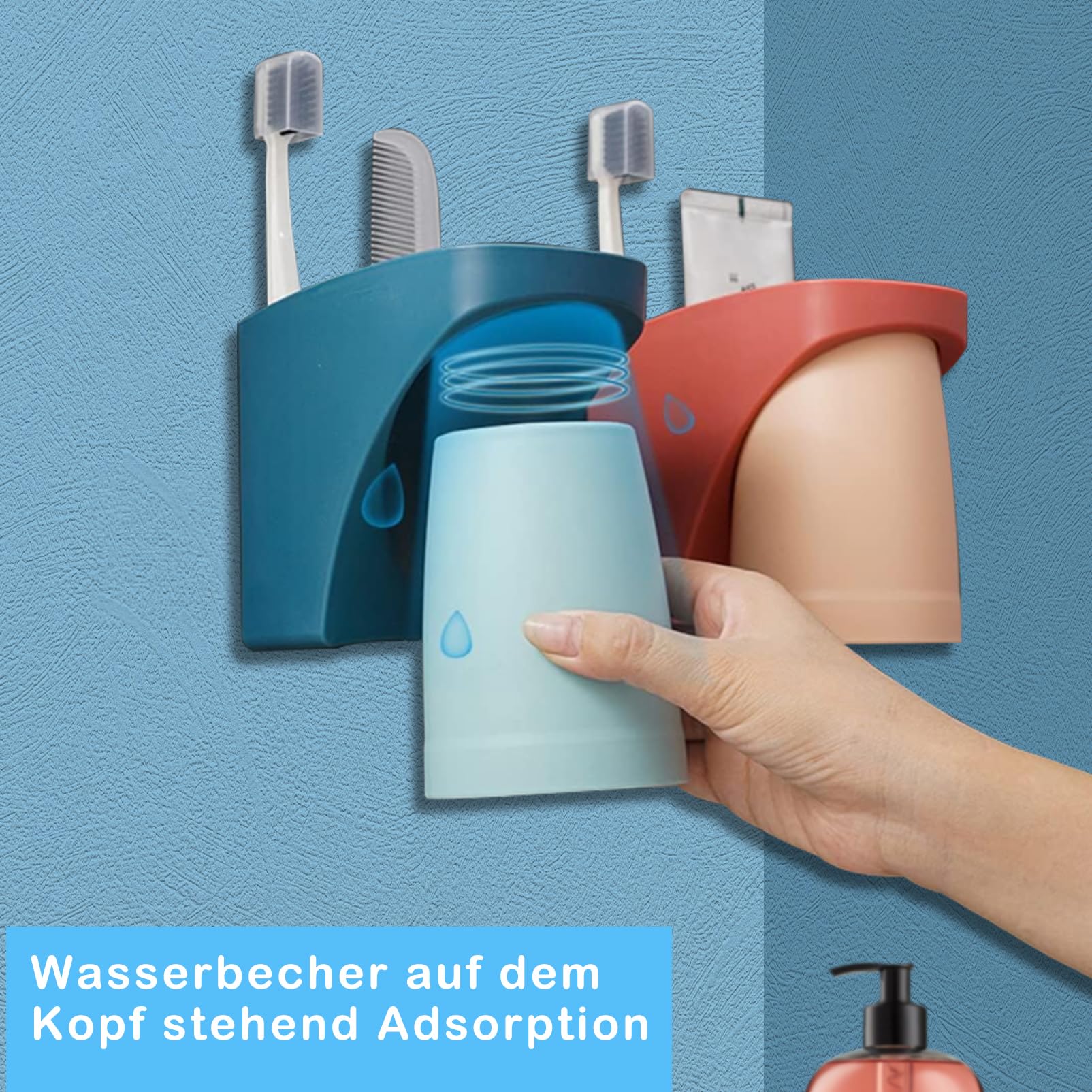 3-teiliges Zahnputz-Set Ohne Bohren – Mit Magnetischen Bechern, Wandmontiert, In Blau Und Grün