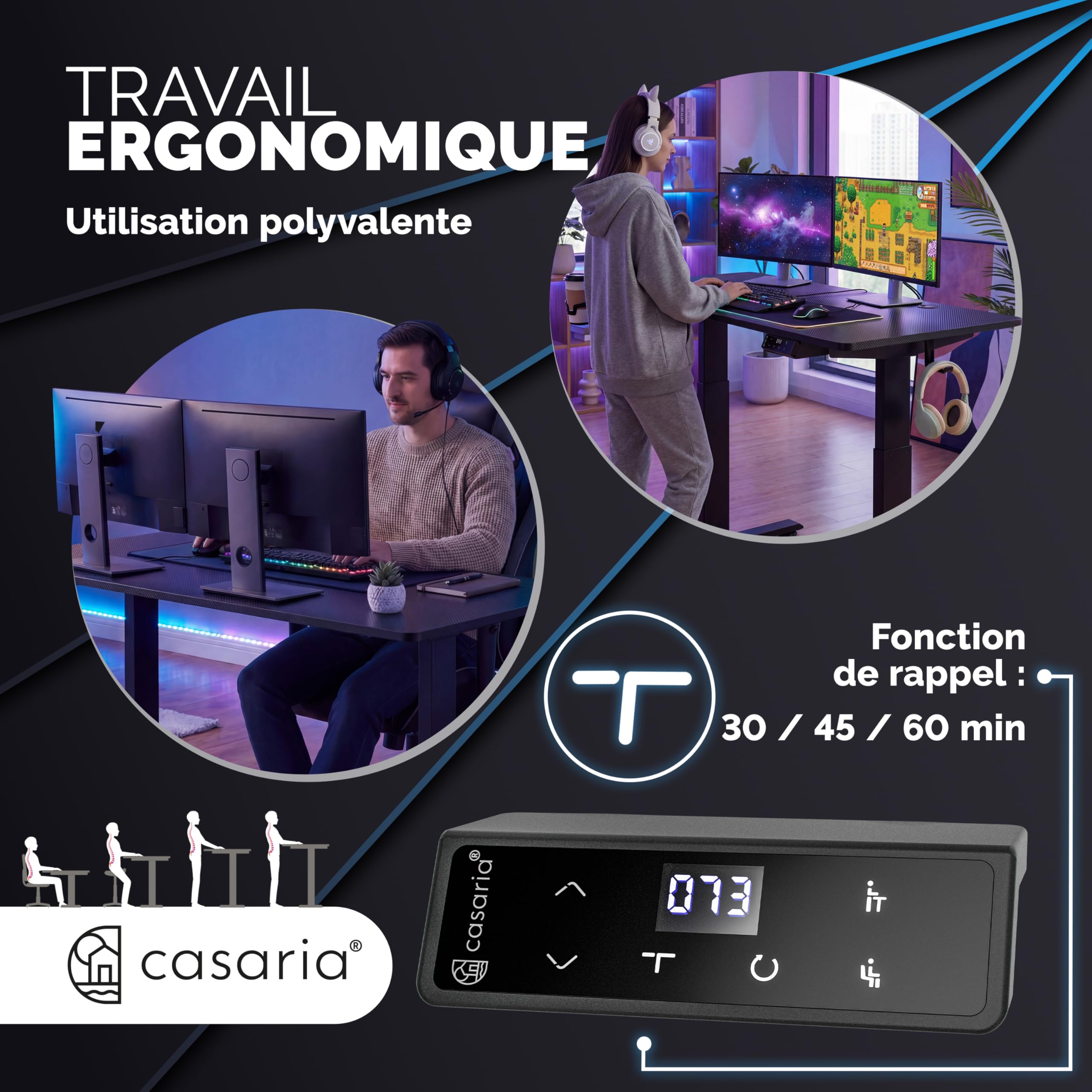Casaria® Bureau Assis Debout 160 x 70 cm Bureau Gaming Aspect Carbone Standing Desk Hauteur Réglable 72 117 Cm Chargeur sans Fil Ports USB C USB A Structure Acier 80 Kg