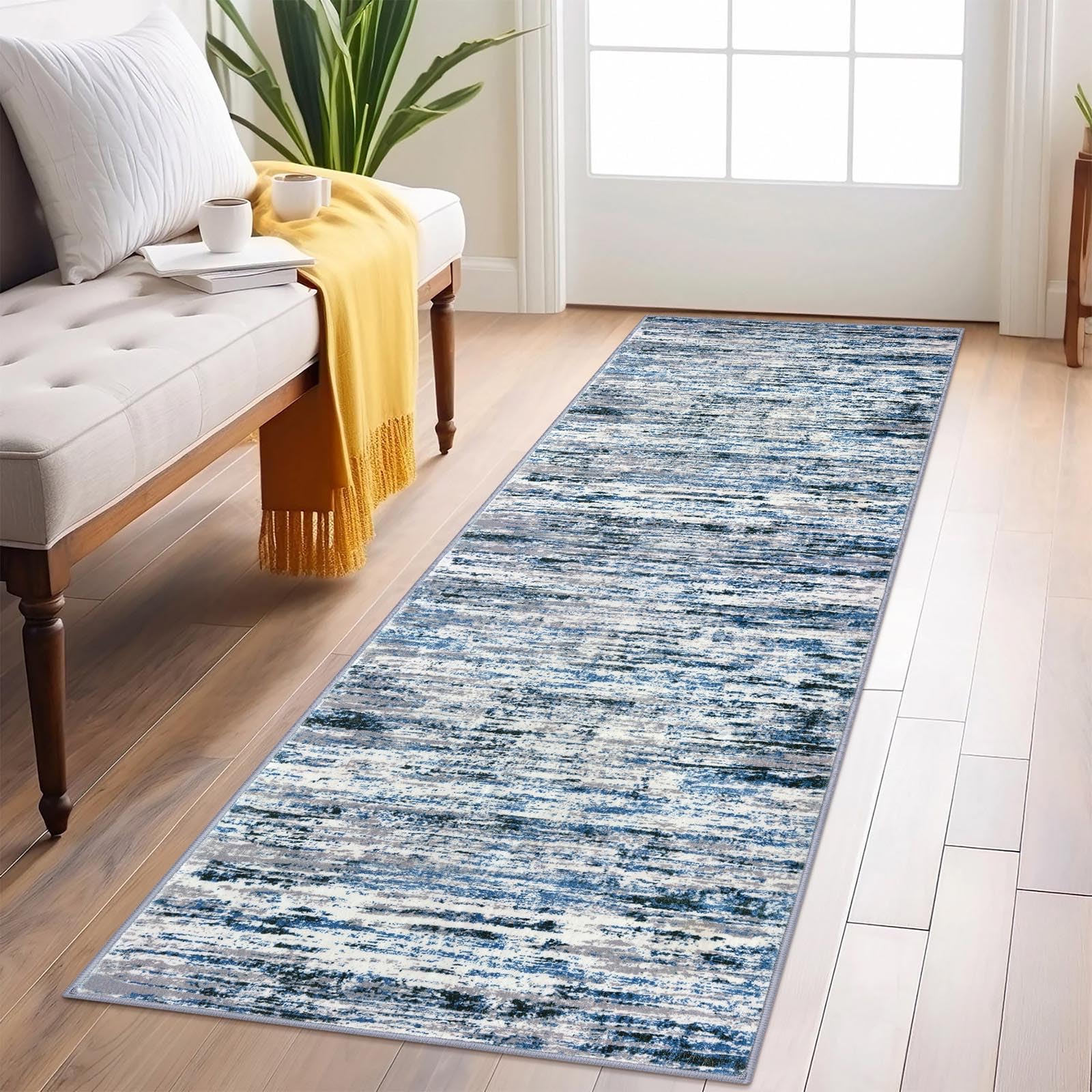 Lansny Modern Abstract Runner Rug 2x6, Grey Blue White Washable Kitchen Runner Non-Slip Soft Hallway Rug Runner Thin Print Faux Wool Carpet for
