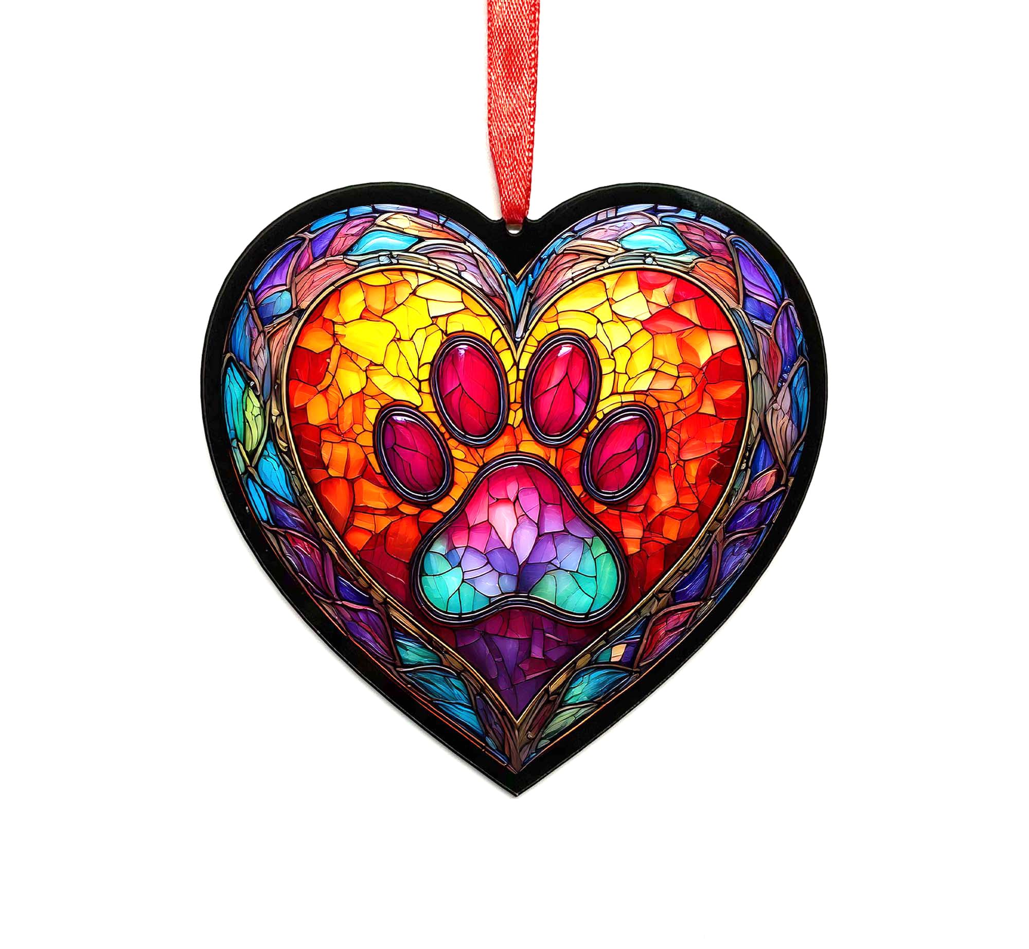 Image Industry Paw Print Stained Glass Effect Heart Suncatcher - Garden Gift - Dog Gift - Pet Memorial (19cm)