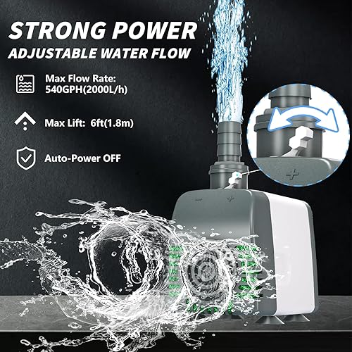 Miniatura 3 de Bomba de agua sumergible de 540 GPH - Bombas de fuente con apagado automático, flujo ajustable y ultra silencioso para fuentes, estanques, acuarios,