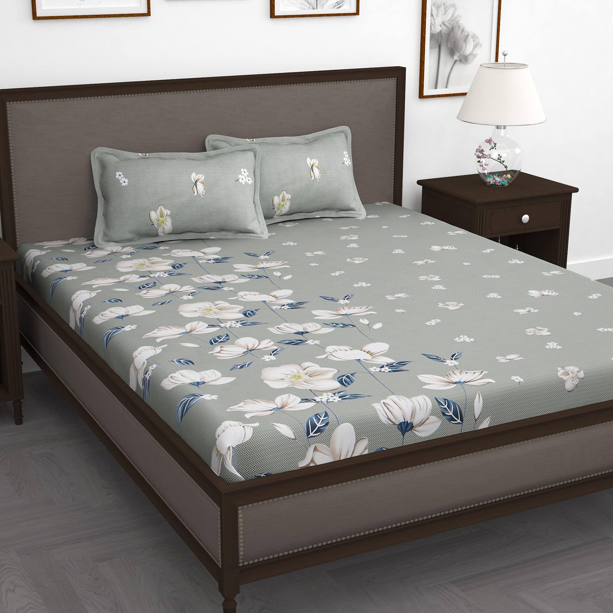 Story@Home Bedsheet for Double Bed | 100% Cotton, 210TC, Grey & Blue, Floral, Includes 1 King Size Bedsheet Cotton Bedsheet (225 x 270 cm) & 2 Pillow Covers (46 x 69 cm). Perfect for Festive Gifting! (B078MLR1S2) Amazon Price History, Amazon Price Tracker
