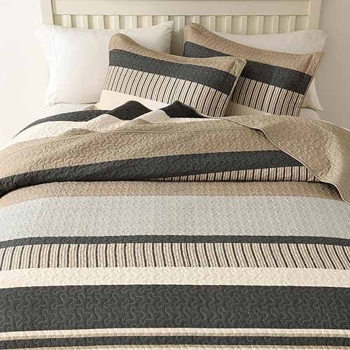 Miniatura 8 de Finlonte Colcha tamaño King, 100% algodón, colcha de gran tamaño King de tamaño King, color marrón carbón, beige, California King, acolchada, a