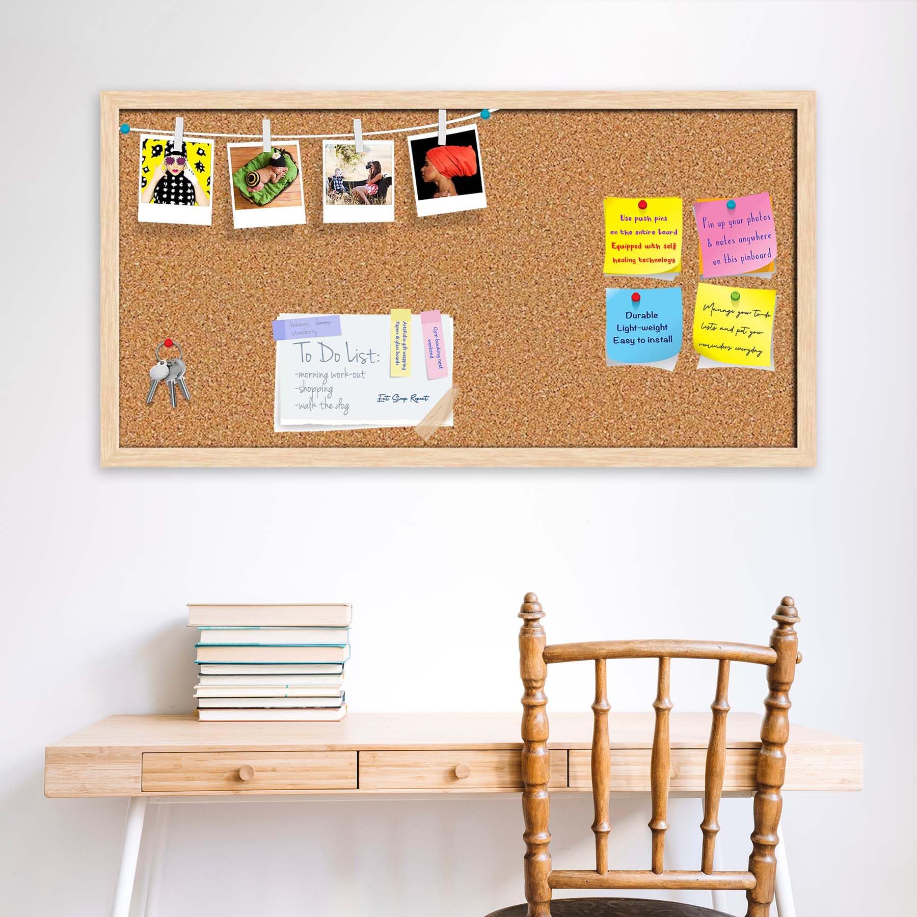 ArtzFolio Cork Board | Bulletin Board Notice Pin Board | Vision Soft Board Combo with Thumb Push Pins & Sticky Notes | Natural Brown Frame | 24 x 12 inch (61 x 30 cms)
