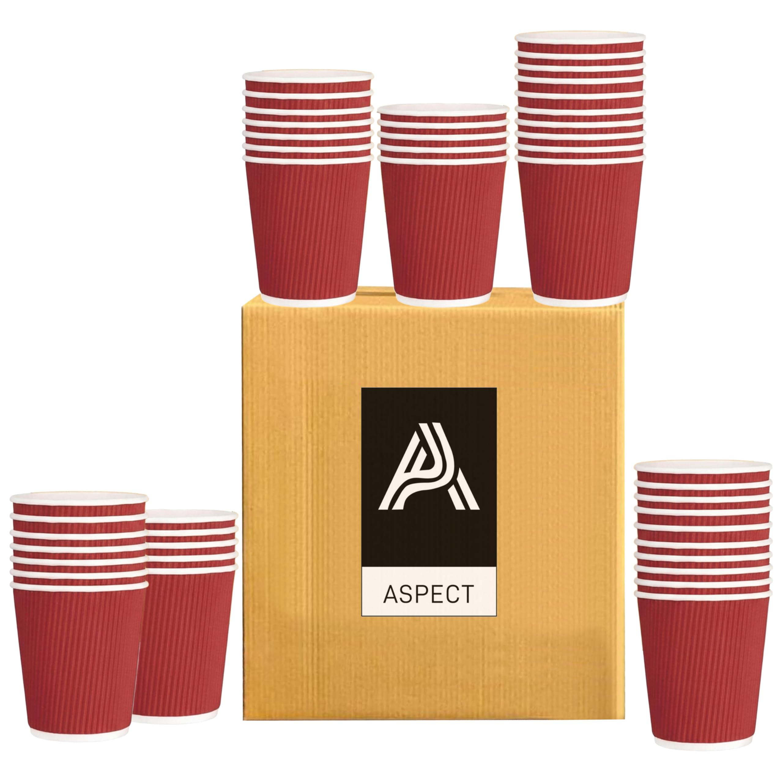 Aspect Coffee Cups Disposable 50 Cups x 8oz(240ml)Red Ripple Paper Cups for Tea Hot Drink Triple Walled Insulated Disposable Cups Takeaway Coffee Cups Leakproof Paper Cups Ideal for Cafe Office Events