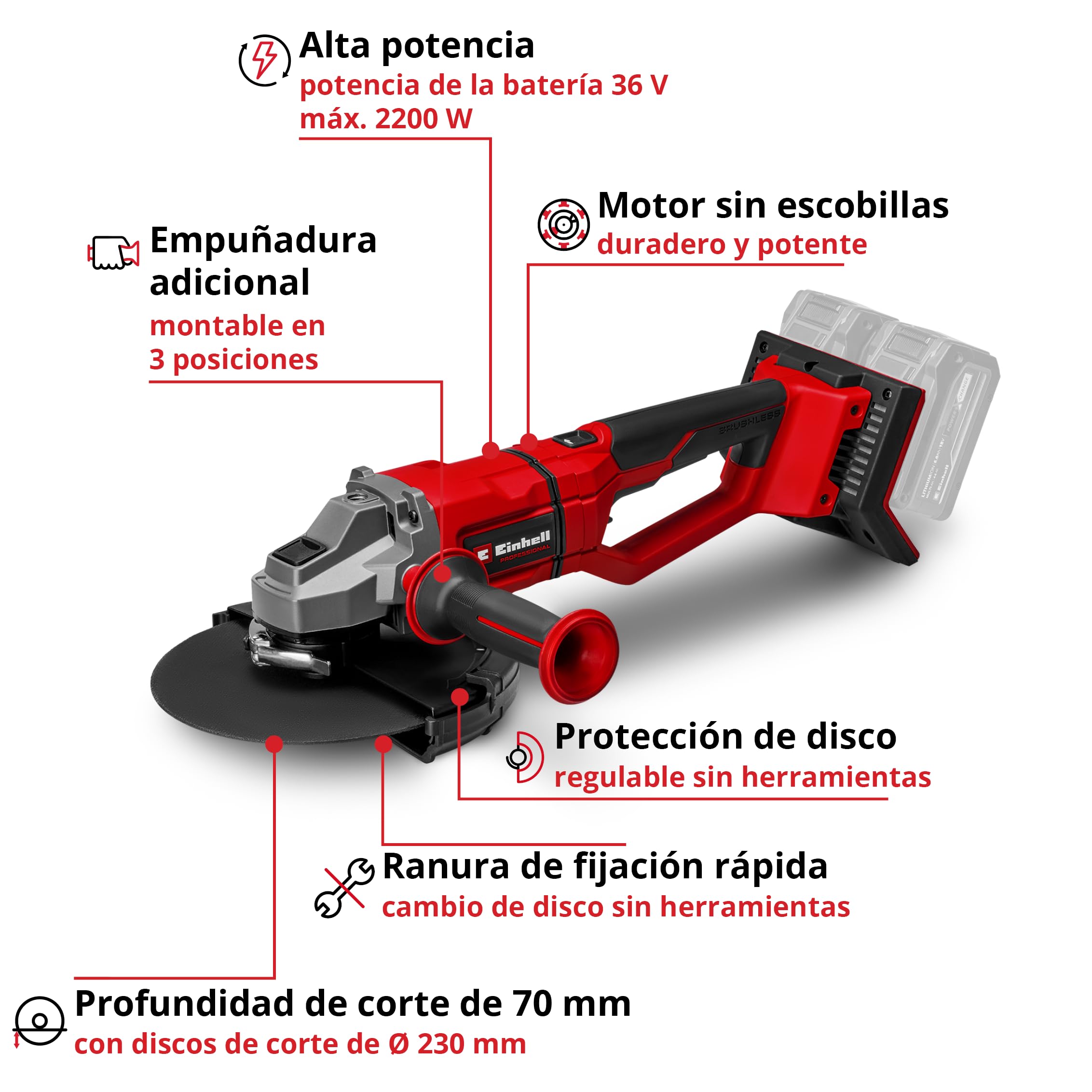 Einhell Professional Amoladora angular a batería AXXIO 36/230 Q Power X-Change (36 V, 2200 W, 230 mm Ø de disco, 70 mm de profundidad de corte, sin escobillas sin disco de corte, sin batería)