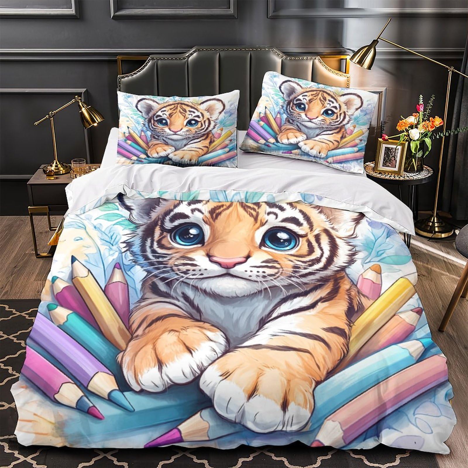 Housse de couette tigre 3D en microfibre 200x200 cm avec 2 taies d'oreiller pour lit double