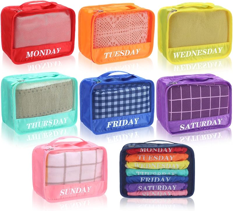 8 cubos de embalaje para el día de la semana, viajes para niños, 9 x 7 x 3 pulgadas, arcoíris | Esenciales para campamentos de verano, organizadores semanales, diseño de malla transparente, clasificador de ropa escolar, para viajes