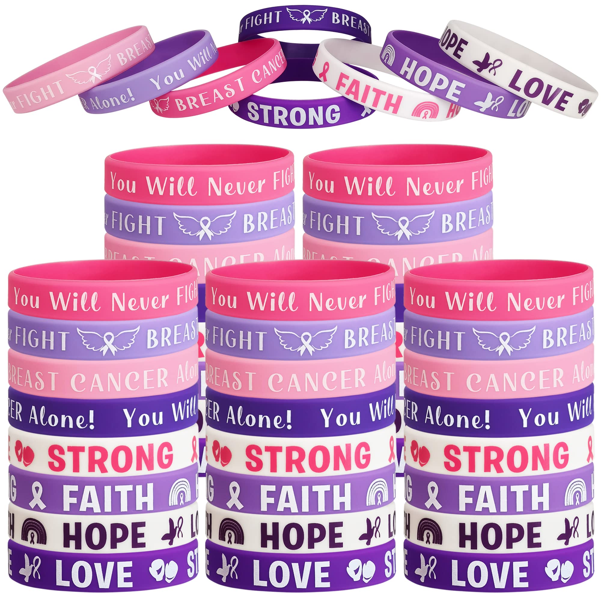 FSHANEE 48 Packs Breast Cancer Awareness Party Supplies Rubber Wristbands Pink Ribbon Silicone Bracelets Party Favors Party Goodie Bag Fillers Stuffers