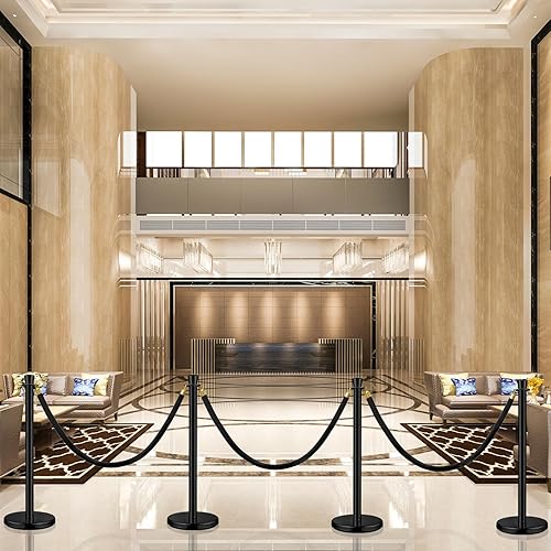 Miniatura 6 de Juego de 6 postes de acero inoxidable con corona superior de 5 pies y 3 piezas de cuerda de terciopelo y postes de control de multitudes, base hueca