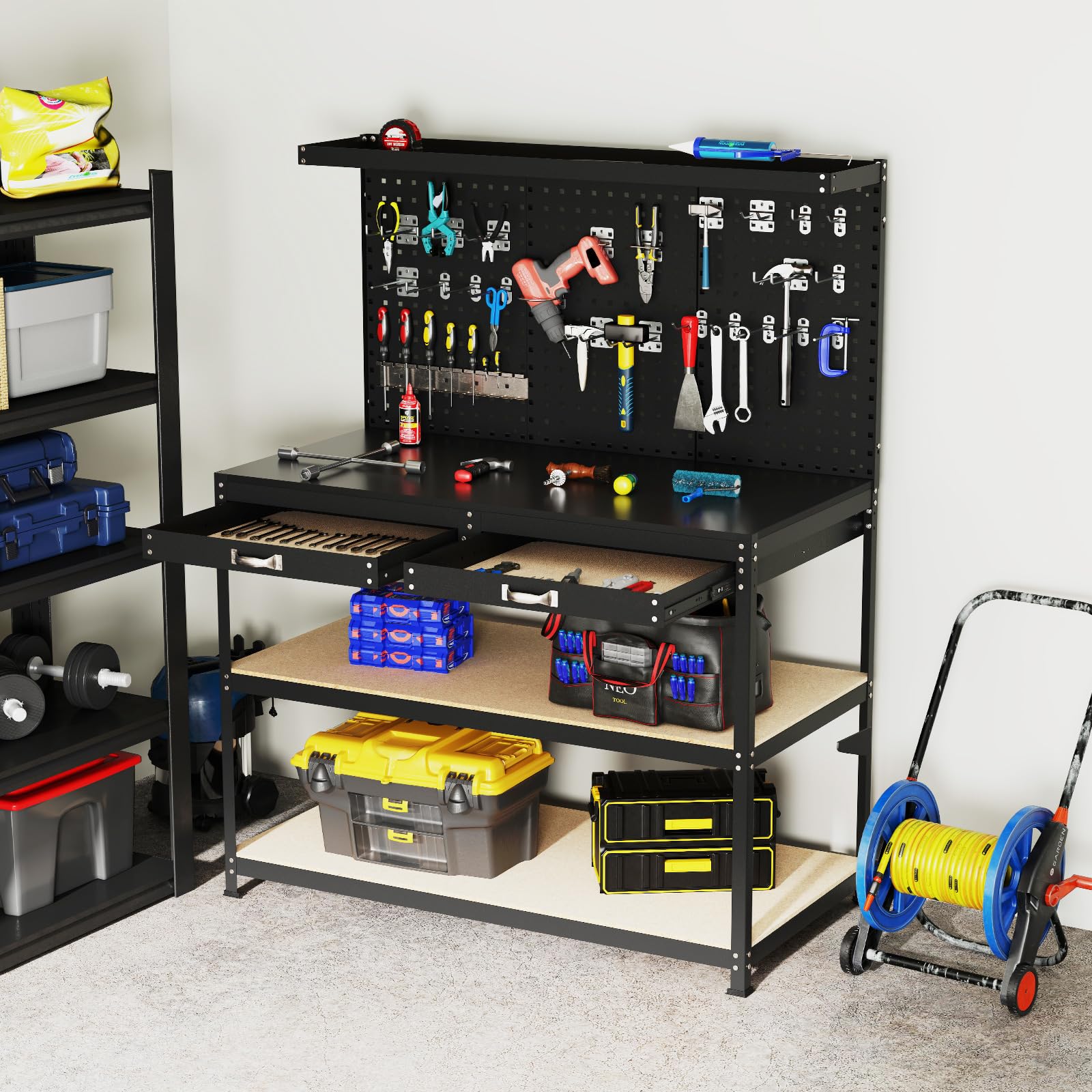 COSTWAY Banco da Lavoro con Piano da 120 x 60 cm, Banco da Lavoro Officina con Pannello Forato e 24 Ganci Porta Attrezzi, Tavolo da Lavoro per Garage con 2 Cassetti e 2 Mensole (Nero)