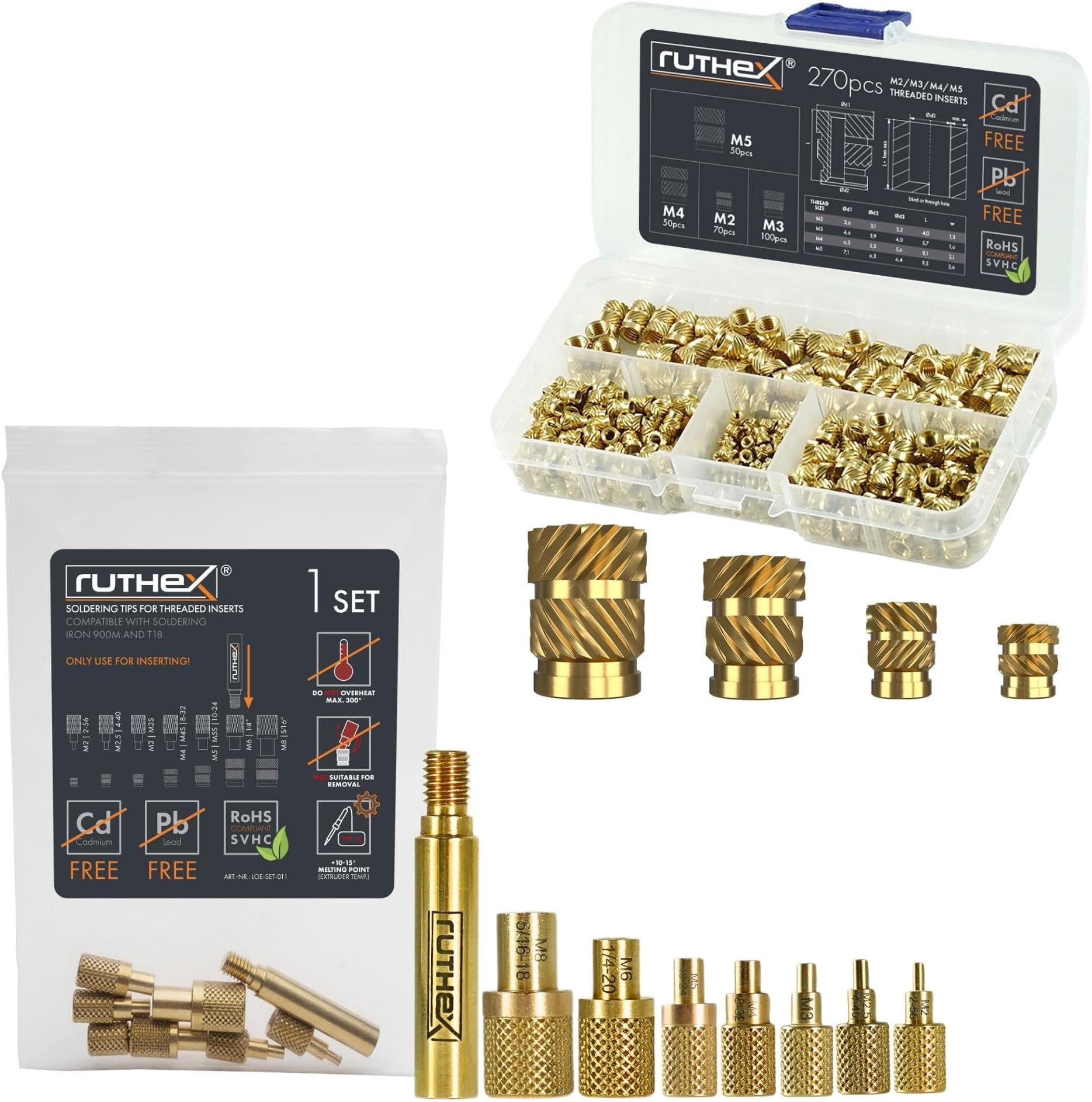 ruthex Bundle - Threaded Inserts M2 + M3 + M4 + M5 Assortment Box + ruthex 7X Soldering Tips/Heat-Set Insert Tips for Inserts in Plastic Parts and 3D Printer Parts