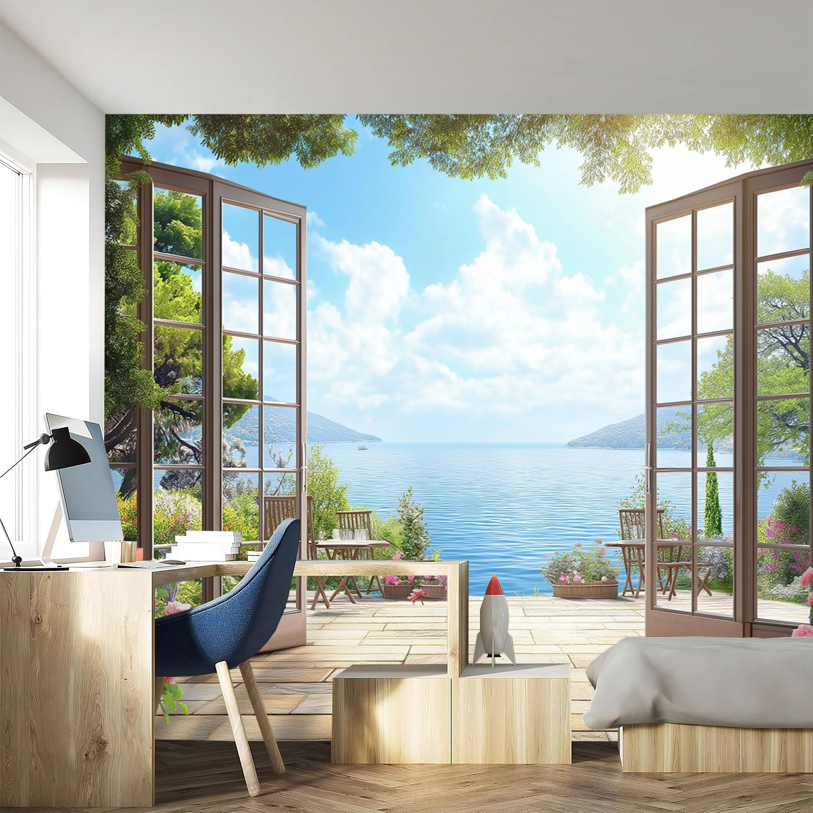 Papel tapiz fotográfico Mural Autoadhesivo 400x280cm | Decoración De Pared Sala Cuarto | Vista De La Terraza 3D - Vista Al Mar