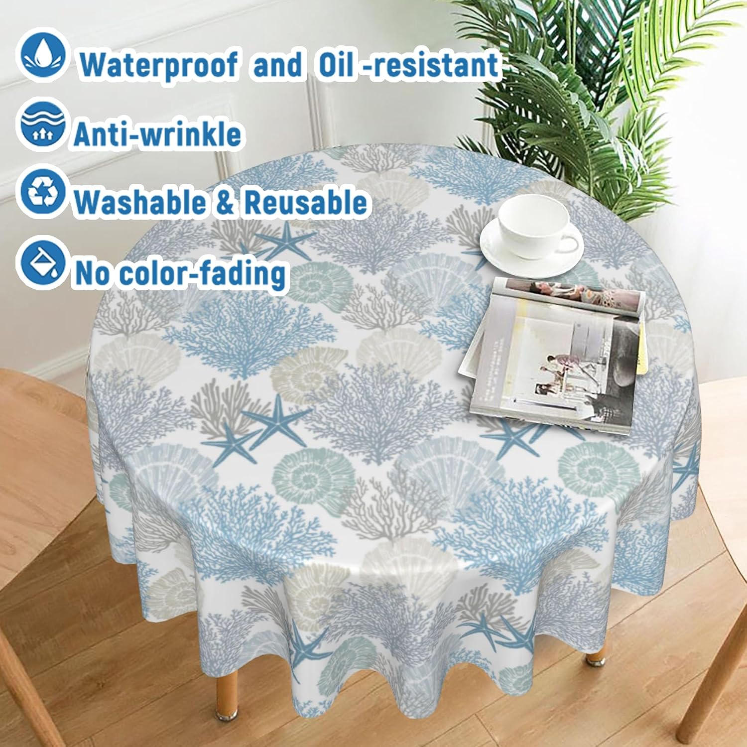 KORVITA Marine Theme Round Tablecloth 60 Inch Coral Shell Conch Round Tablecloth Washable Microfiber Tablecloth Decorative Table Covers for Picnic Party