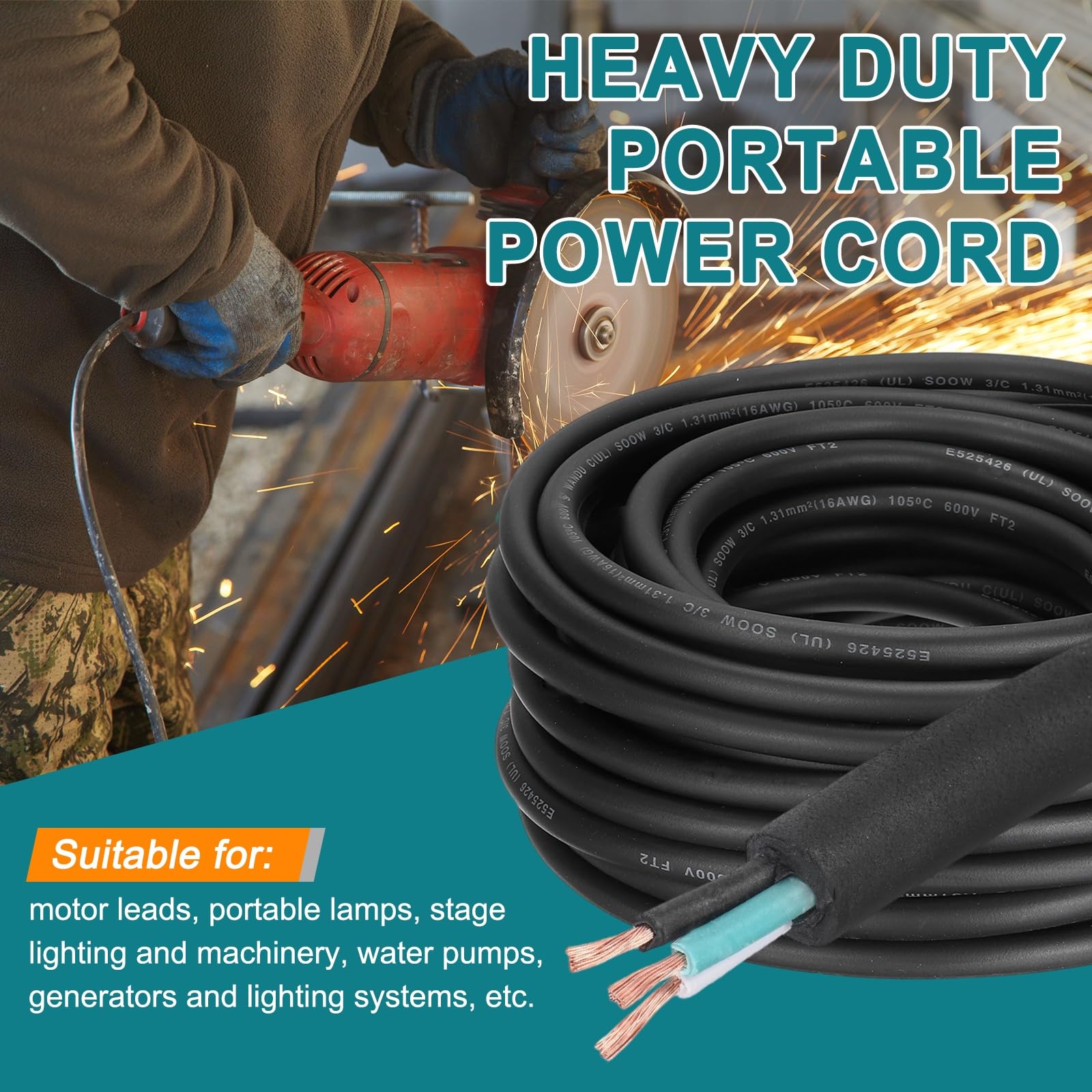 QUARKZMAN 100 Pies Cable Eléctrico SOOW 16 AWG 3 Conductores | Cable De Potencia Portátil 600V, Cable De Extensión Flexible, Para Generadores Luces LED Cargadores De Baterías