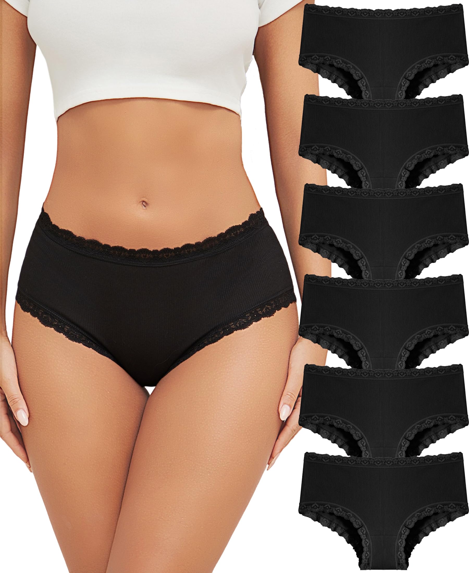 ALL OF ME 6er Pack Baumwoll Unterwäsche Damen Brazilian Slip Pantys Spitzen Medium High Waist Unterhosen für Frau Weiche und Bequem Mehrpack S-XXL