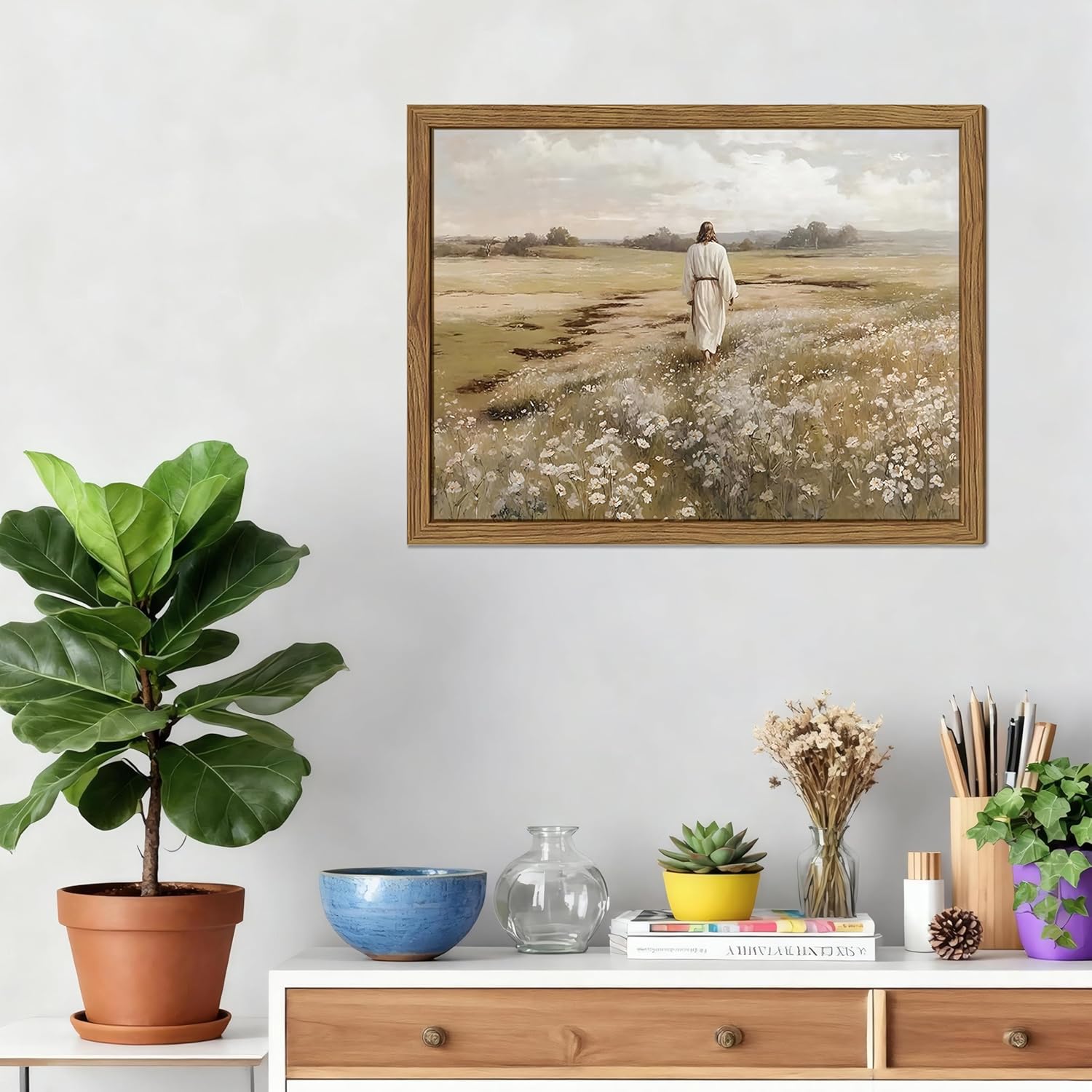 Framed Jesus Wall Art, Vintage Christian Canvas Wall Decor Pictures, Jesus Walking in Field Posters Prints, Rustic Religious Home Decor for Living Room Bedroom Church Prayer Room 12x16 Inch Jesus Walking Framed 16"L x 12"W